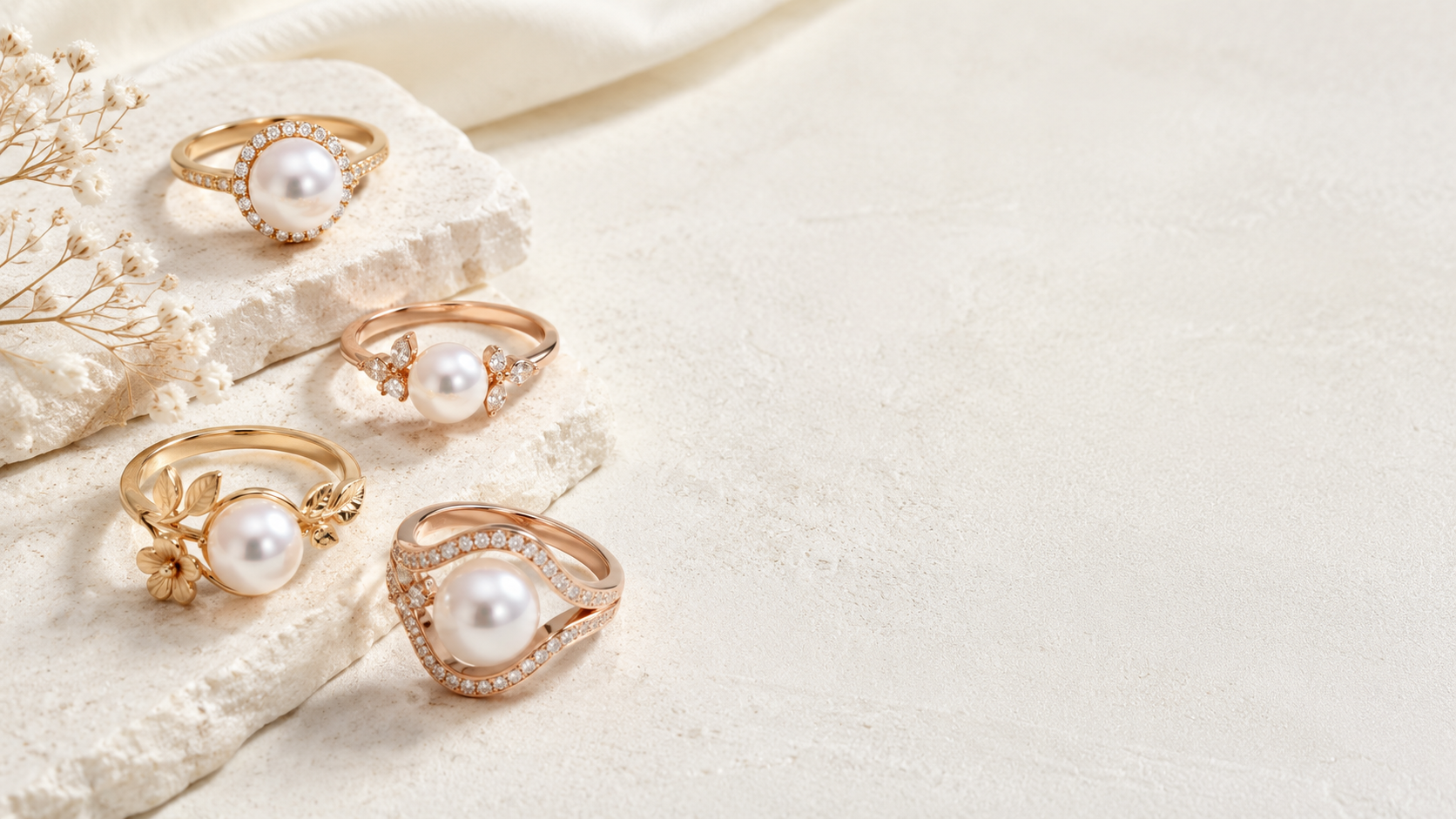 Pearl rings in gold with romantic engagement and promise ring designs, GemifySpace collection cover