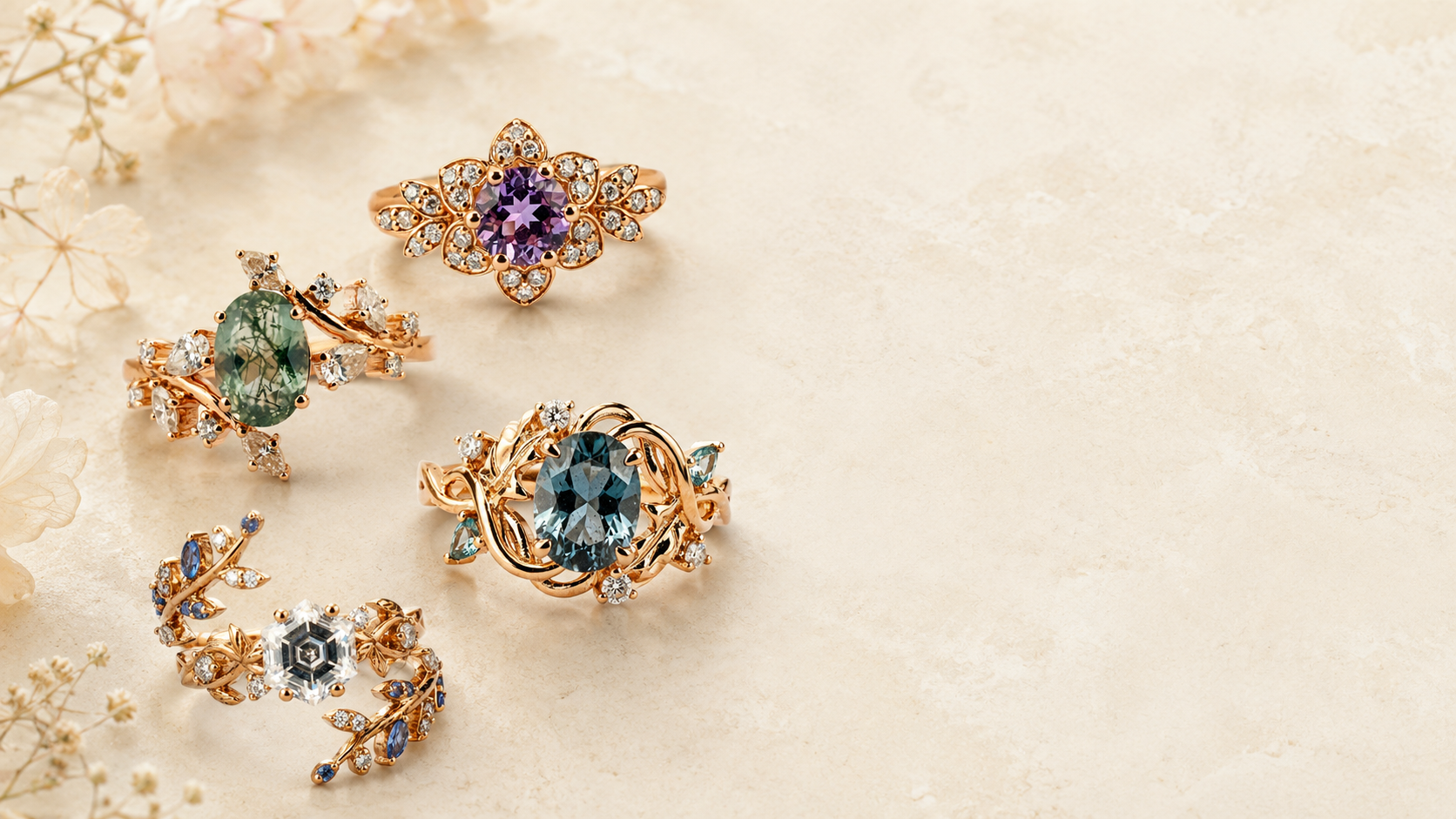 Floral rings in gold with flower-inspired gemstone details, GemifySpace collection cover