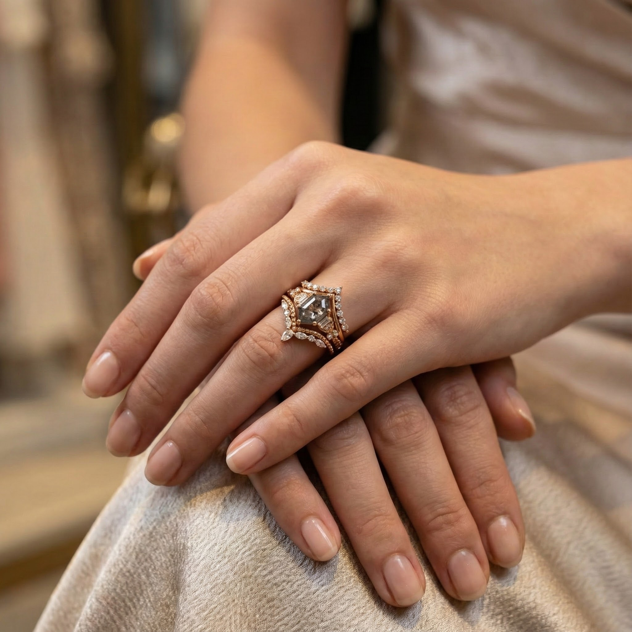 Luxury Long hexagon Salt and Pepper Diamond Ring Set, Engagement/Wedding Rings