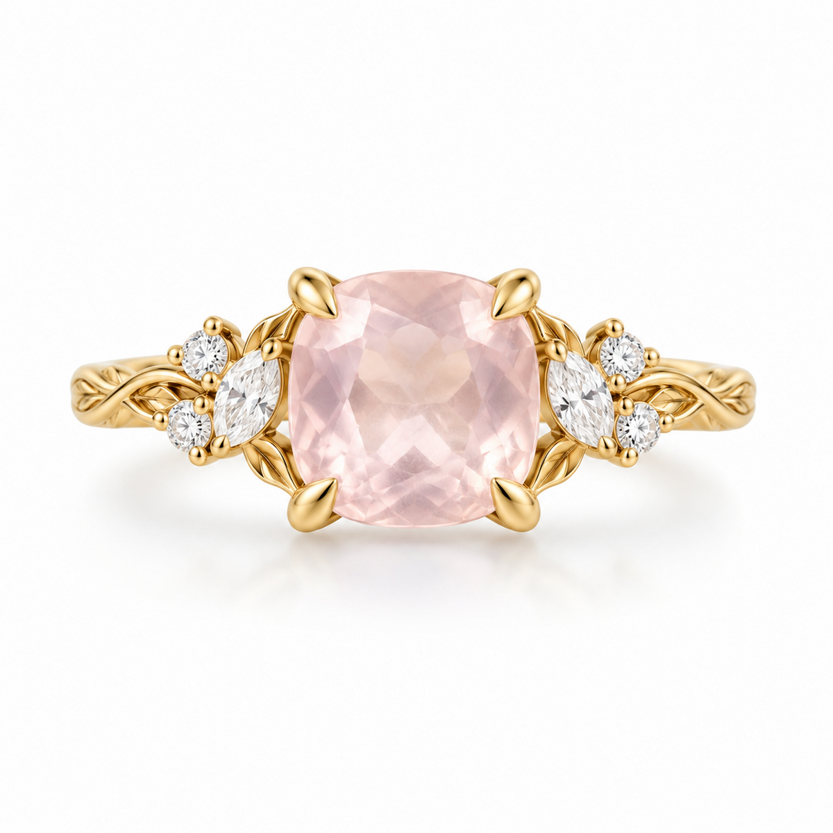 6mm lab grown Padparadscha sapphire ring in yellow gold with moissanite accents