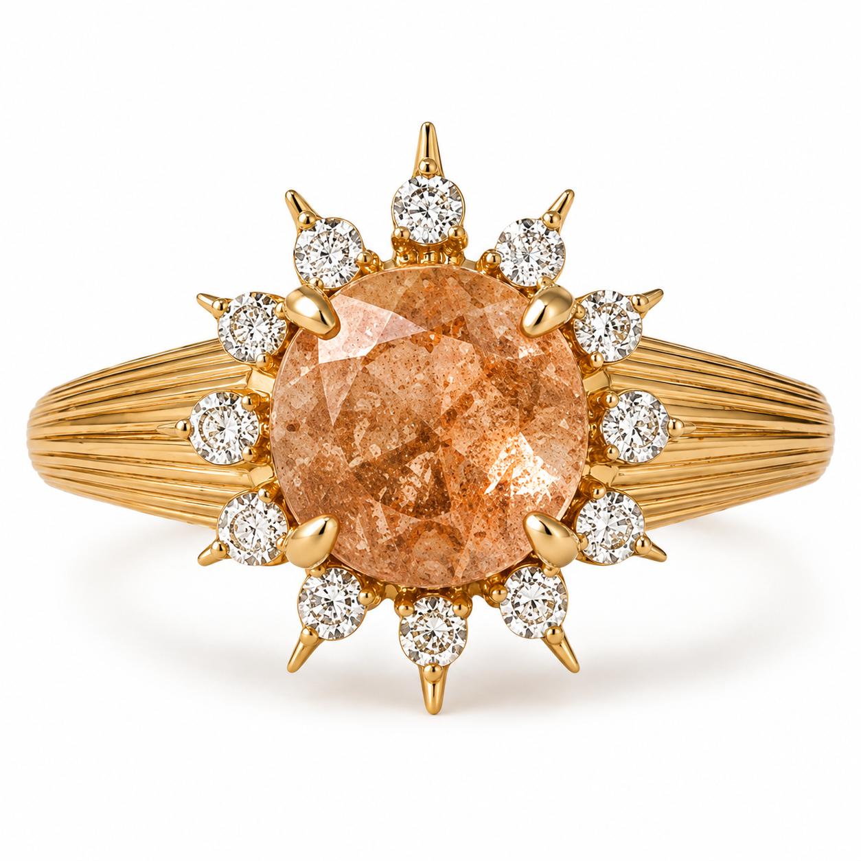 Solara round sunstone sunburst engagement ring in yellow gold on a pure white background, front view