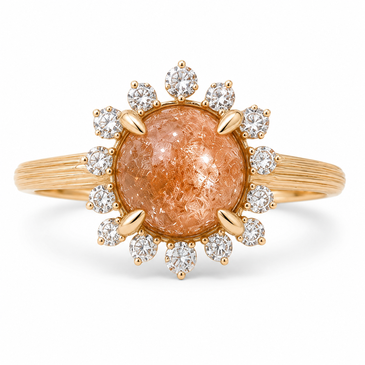 Marisol round sunstone floral halo engagement ring in yellow gold on a pure white background, front view