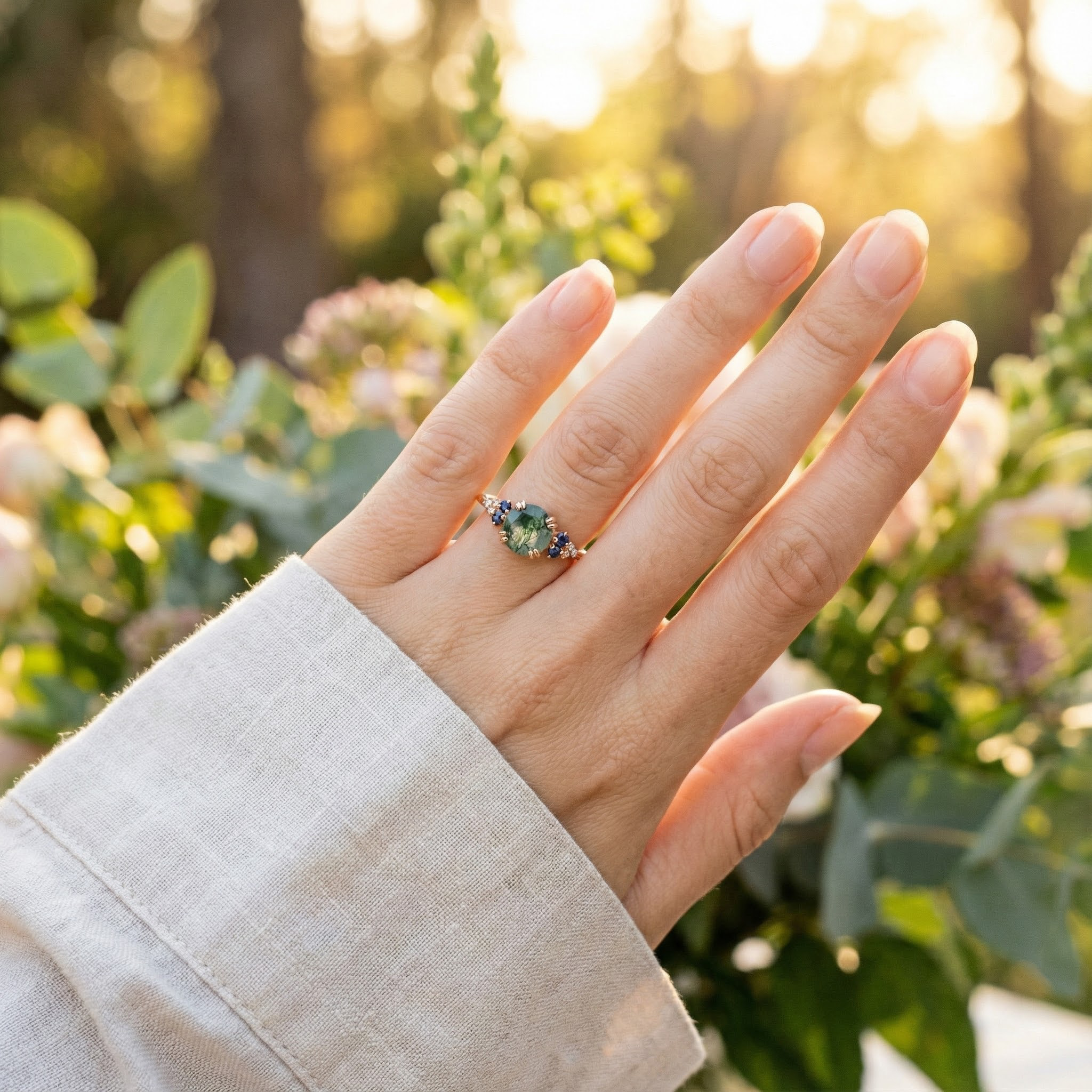 Angled view of Round Moss Agate Ring in Gold