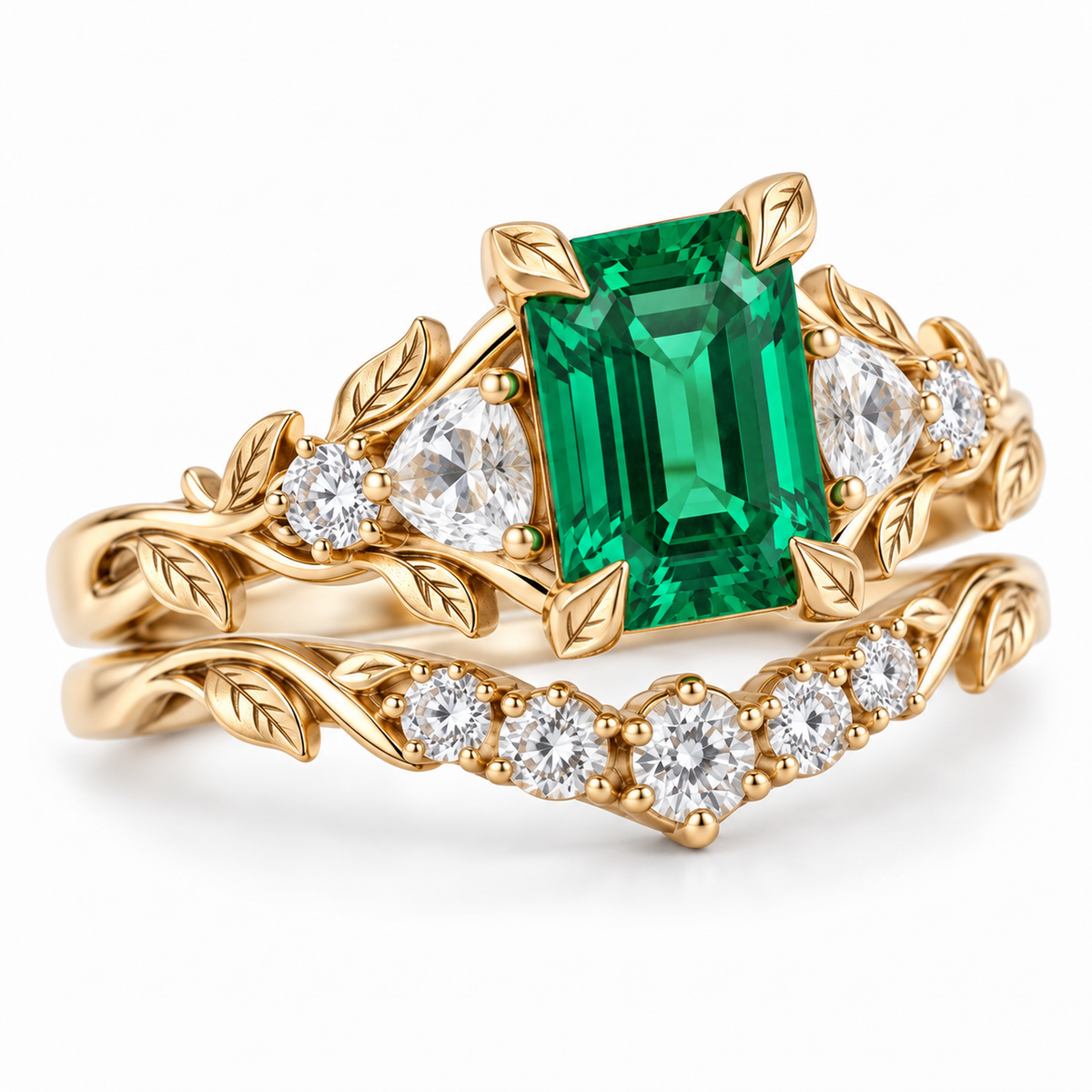 Nature-inspired emerald engagement ring and matching gold wedding band