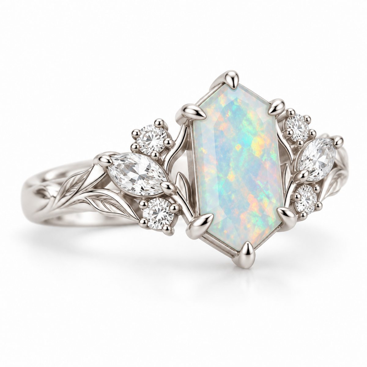 Nature inspired lab opal ring with marquise and round moissanite side stones