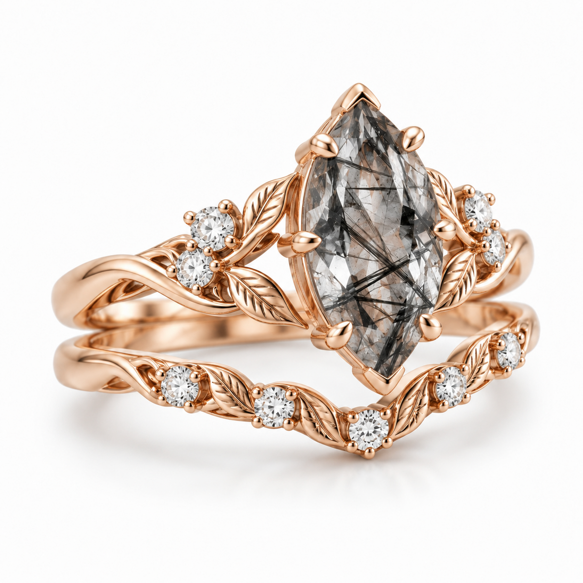 Nature inspired black rutilated quartz ring set with curved wedding band