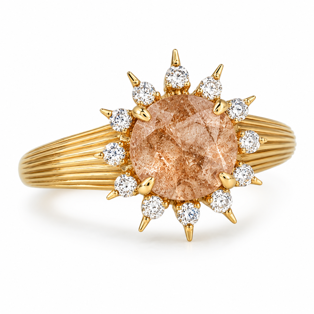 Solara faceted round sunstone and moissanite halo ring in yellow gold, left three-quarter view