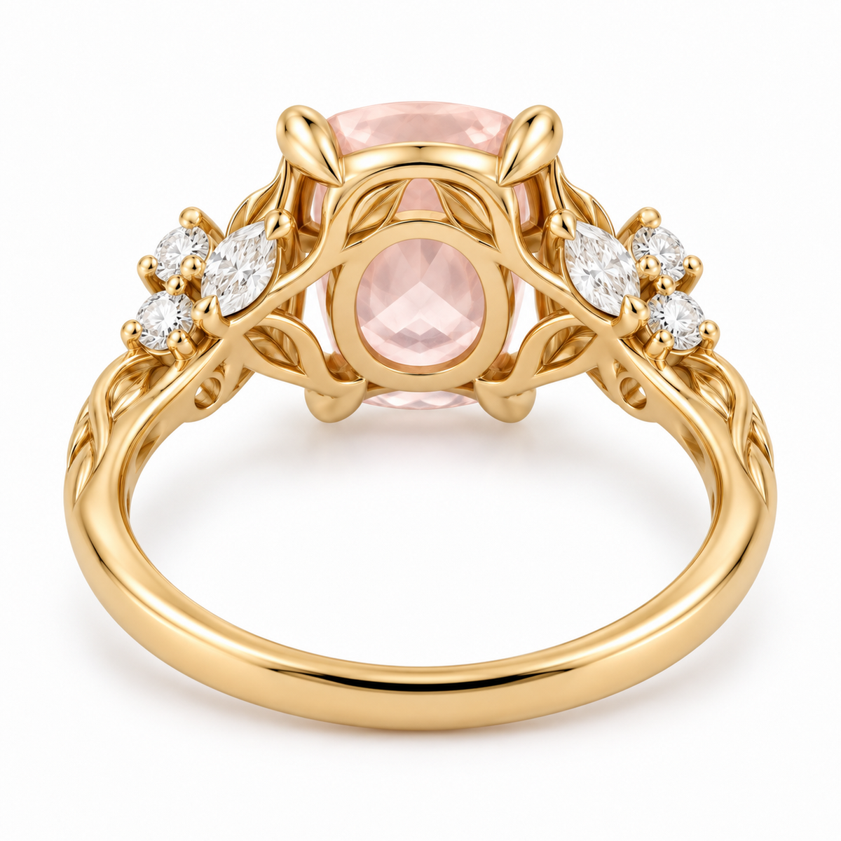 Nature inspired sapphire ring with marquise and round moissanite side stones
