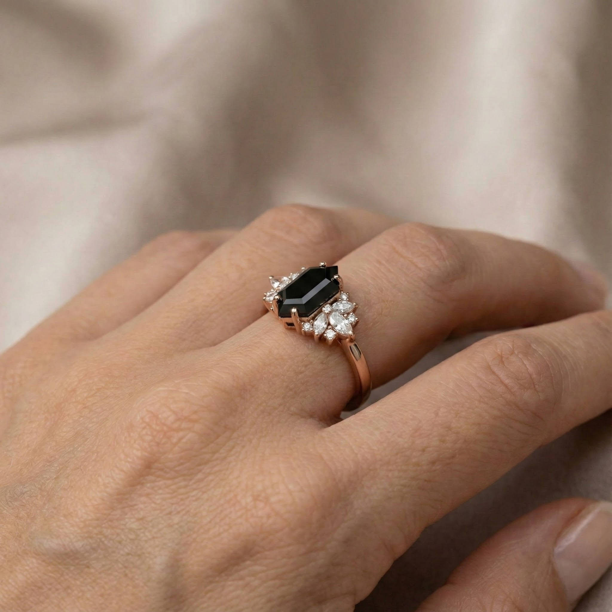 Long Hexagon Black Onyx Ring with Moissanite - Unique Engagement Ring