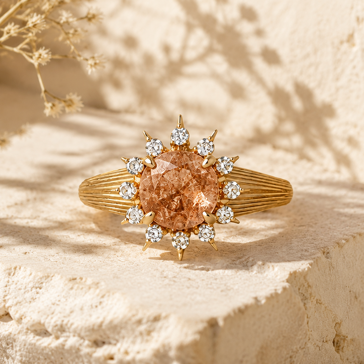 Solara sunstone and moissanite ring displayed on sculptural ivory limestone in natural light