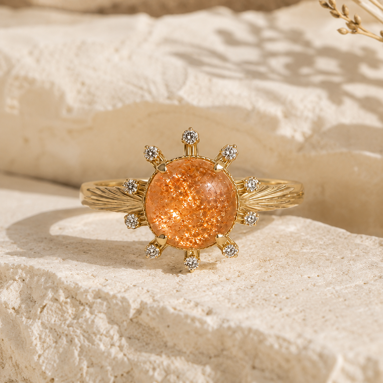 Aurelia yellow-gold sunstone ring displayed upright on matte ivory limestone