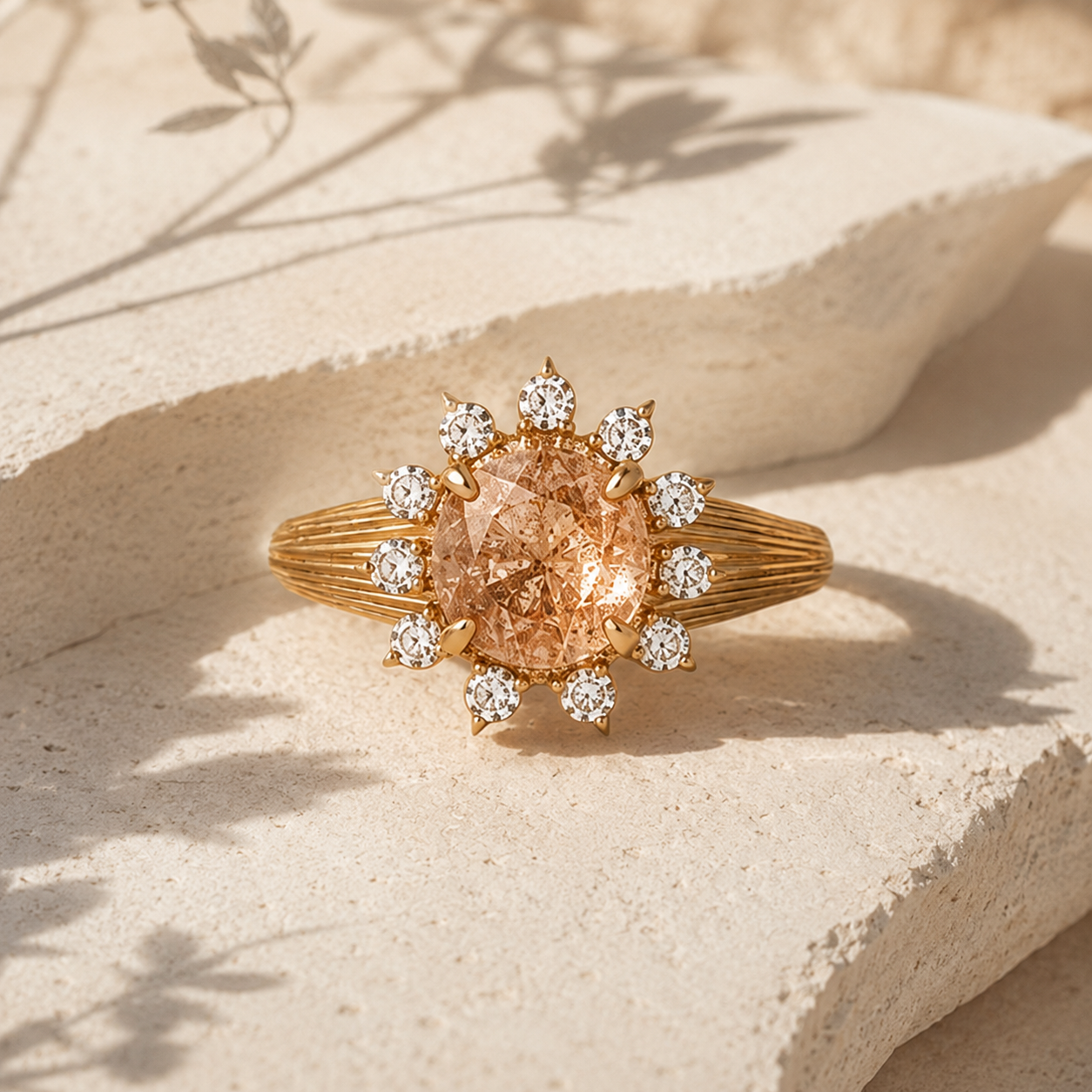 Celestia oval sunstone sunburst ring displayed on sculptural ivory limestone in botanical light