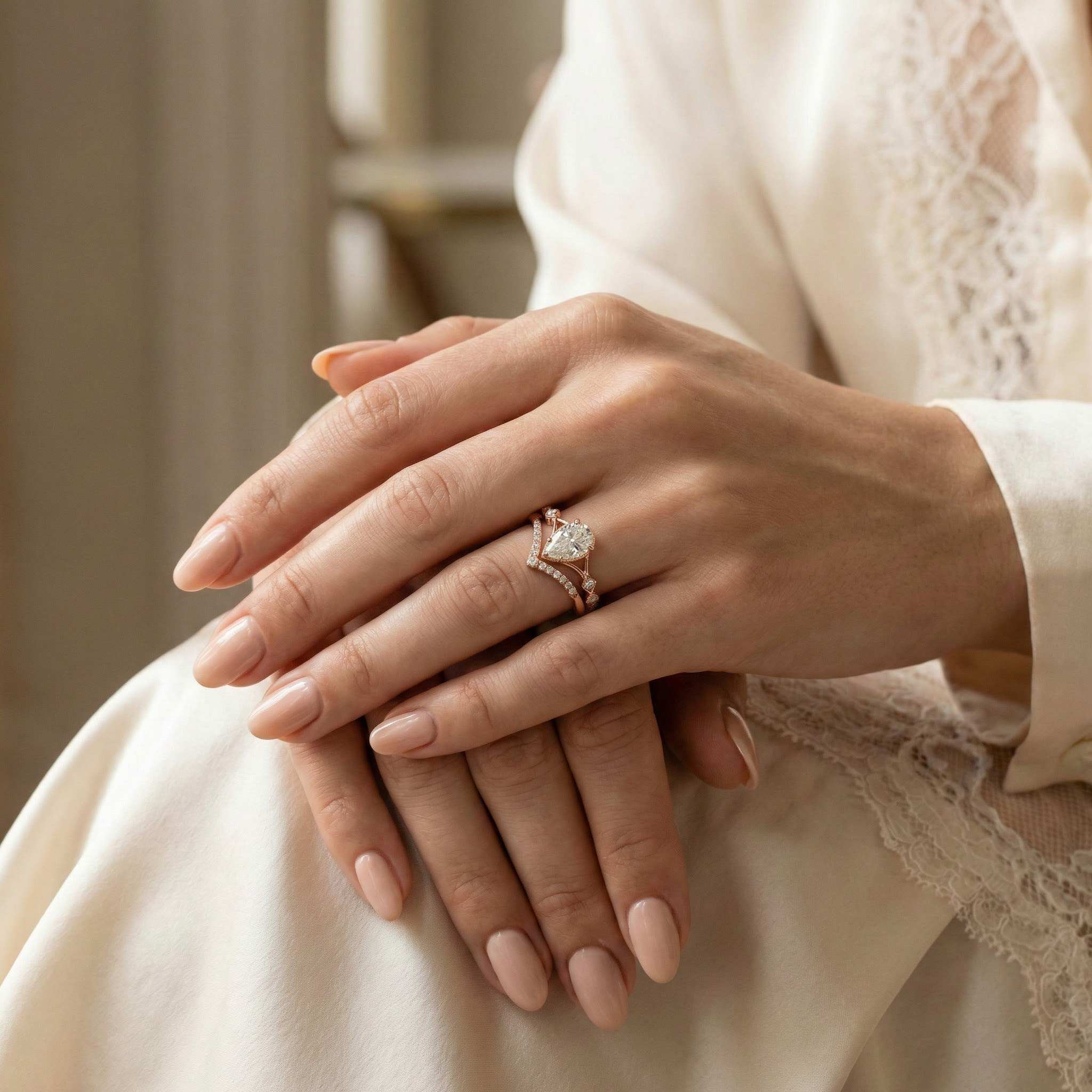 Detailed view of Pear Moissanite Ring Set in Gold