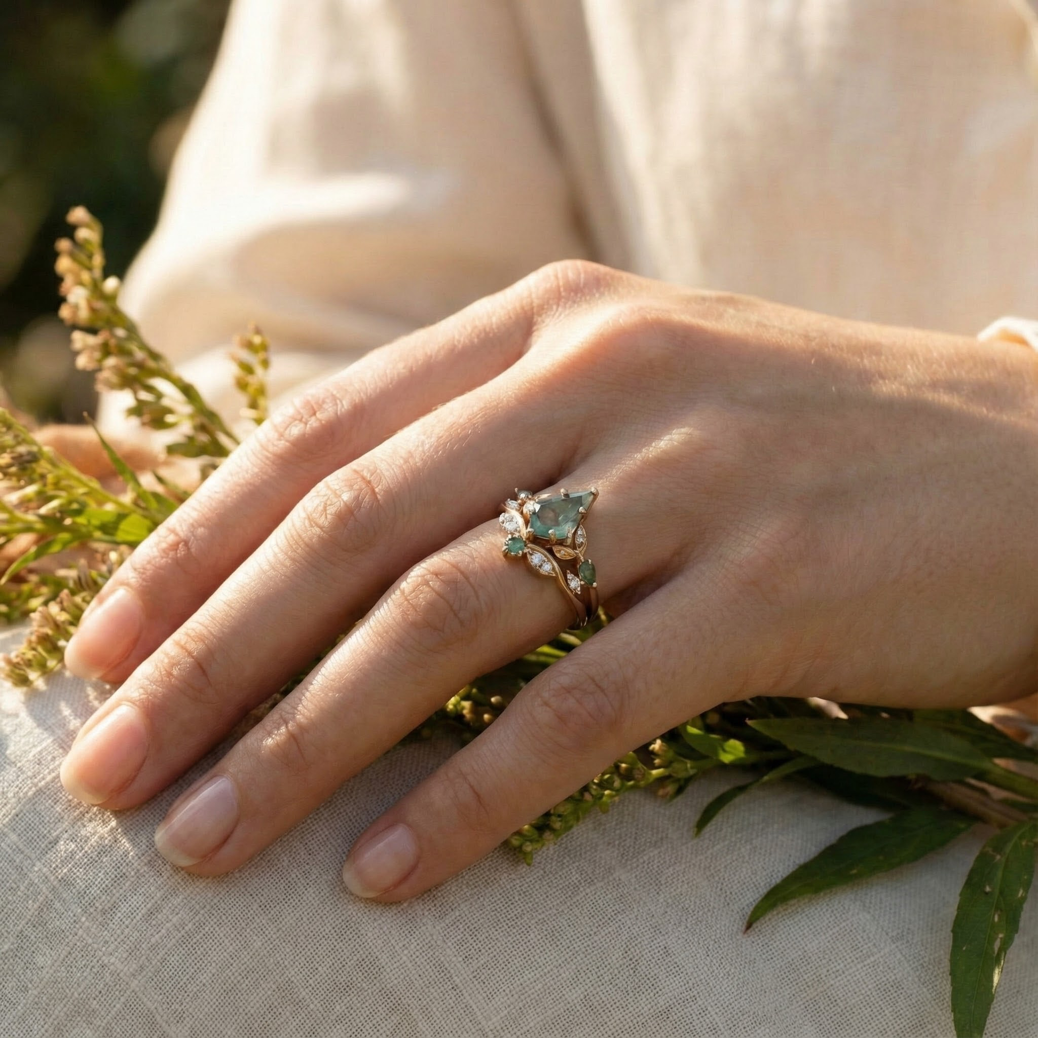 Leaf Ring Set with Nature Inspired Design, Kite Moss Agate Gemstone, Moissanite Accent - SEO optimized jewelry