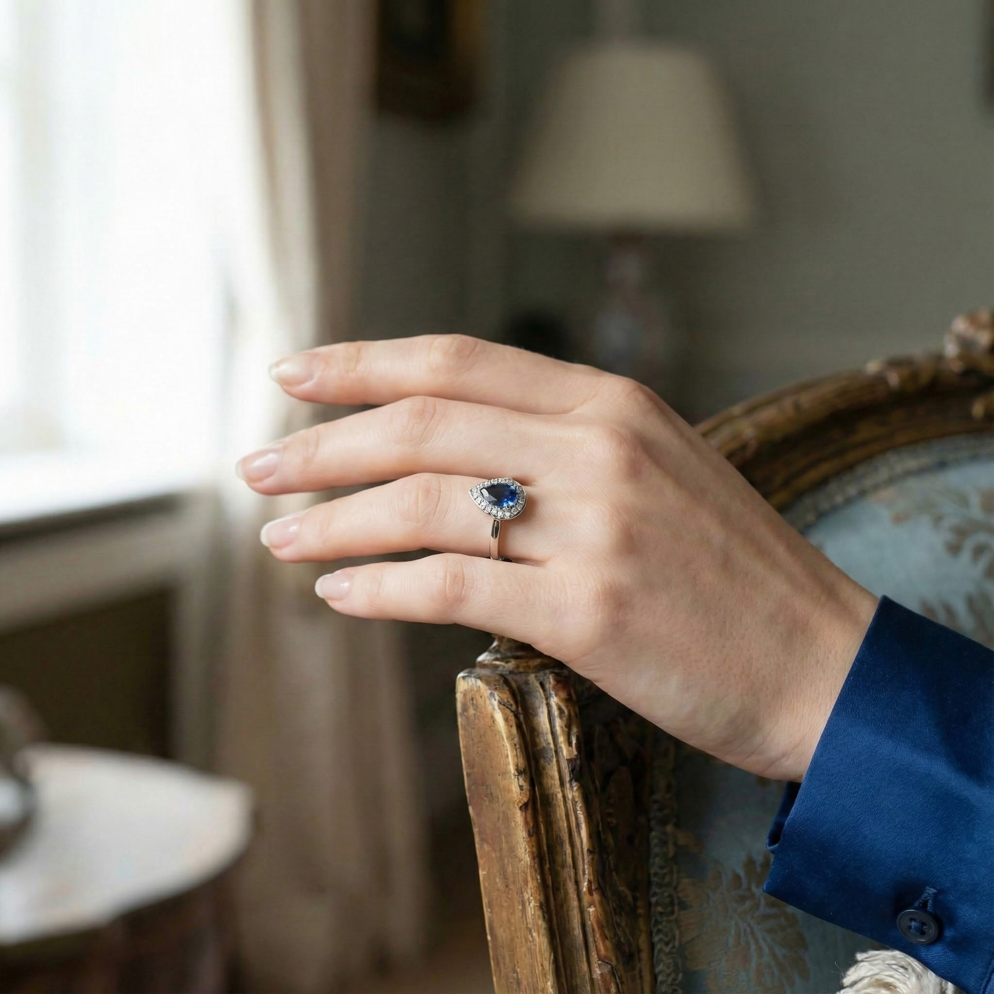 Luxury Teardrop Sapphire Diamond Ring Engagement White Gold Ring