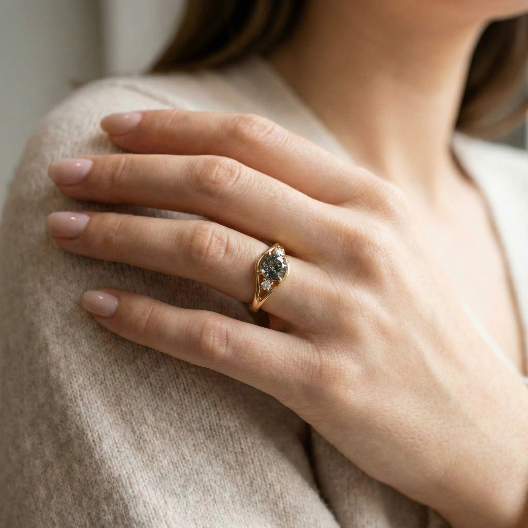 Three Stone - Black Rutilated Quartz Moissanite Personalized Ring Unique Engagement Ring