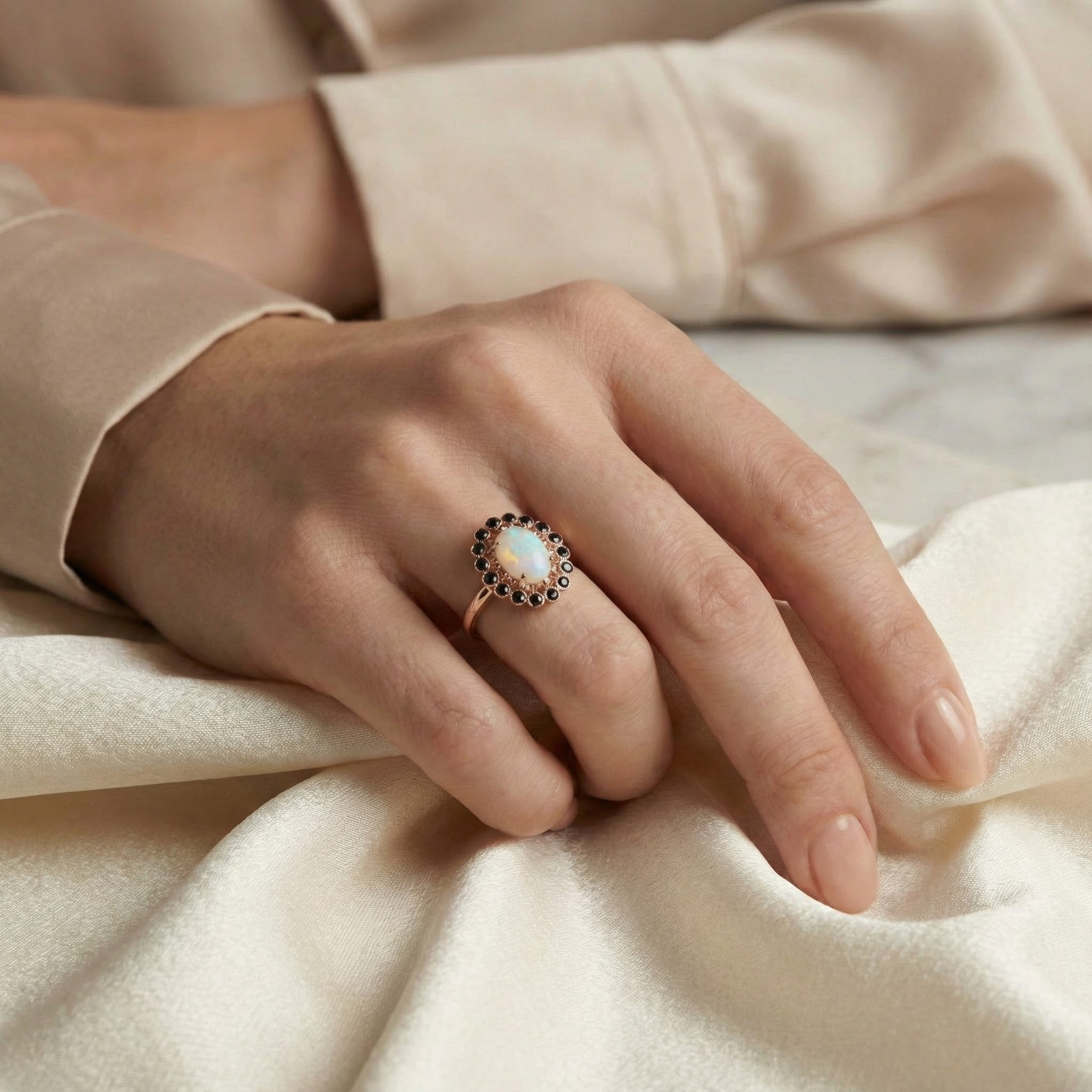 Oval Nature Opal with Black Onyx Rose Gold Unique Ring Opal Engagement Ring