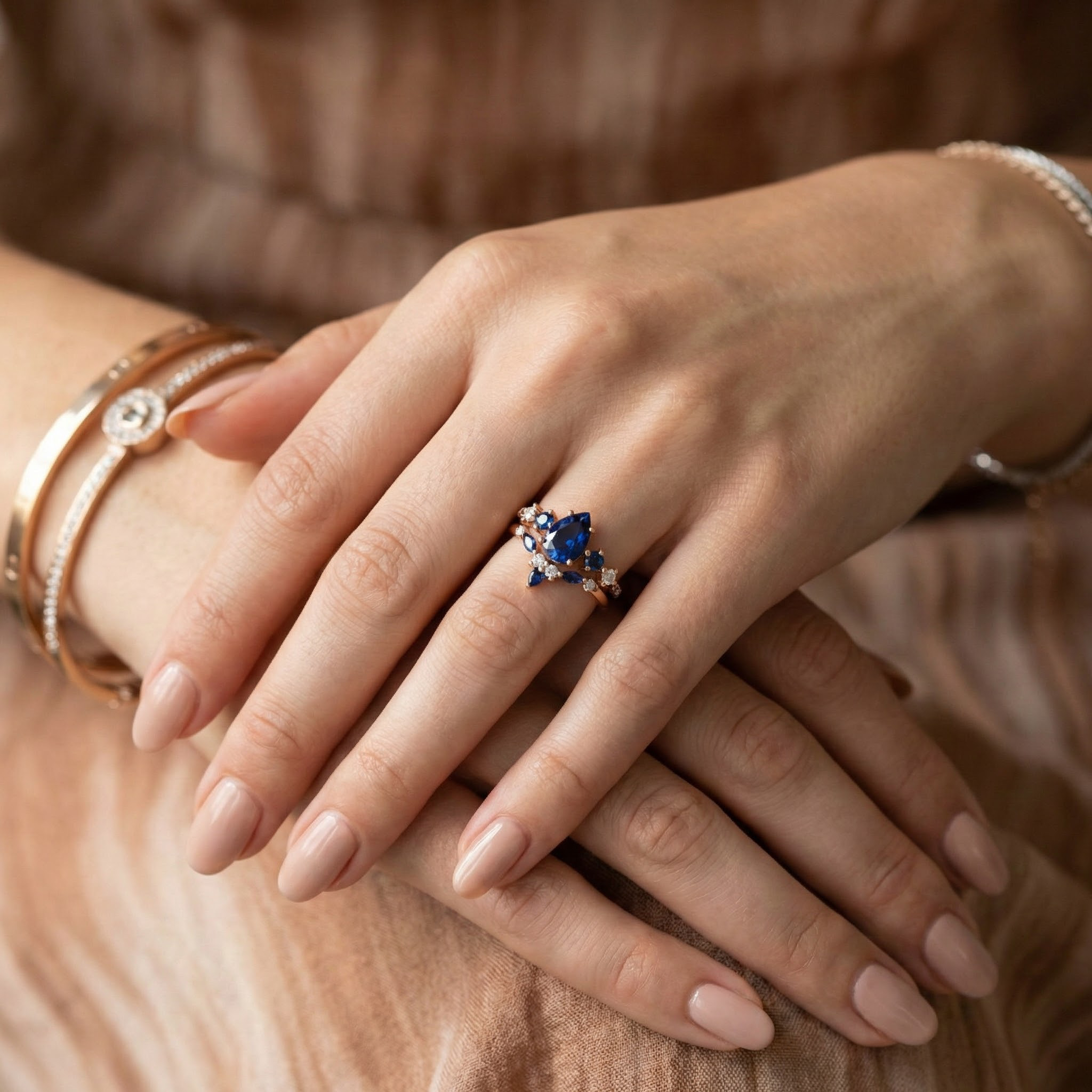 Luxurious Lab Pear Sapphire With Moissanite Ring Set.