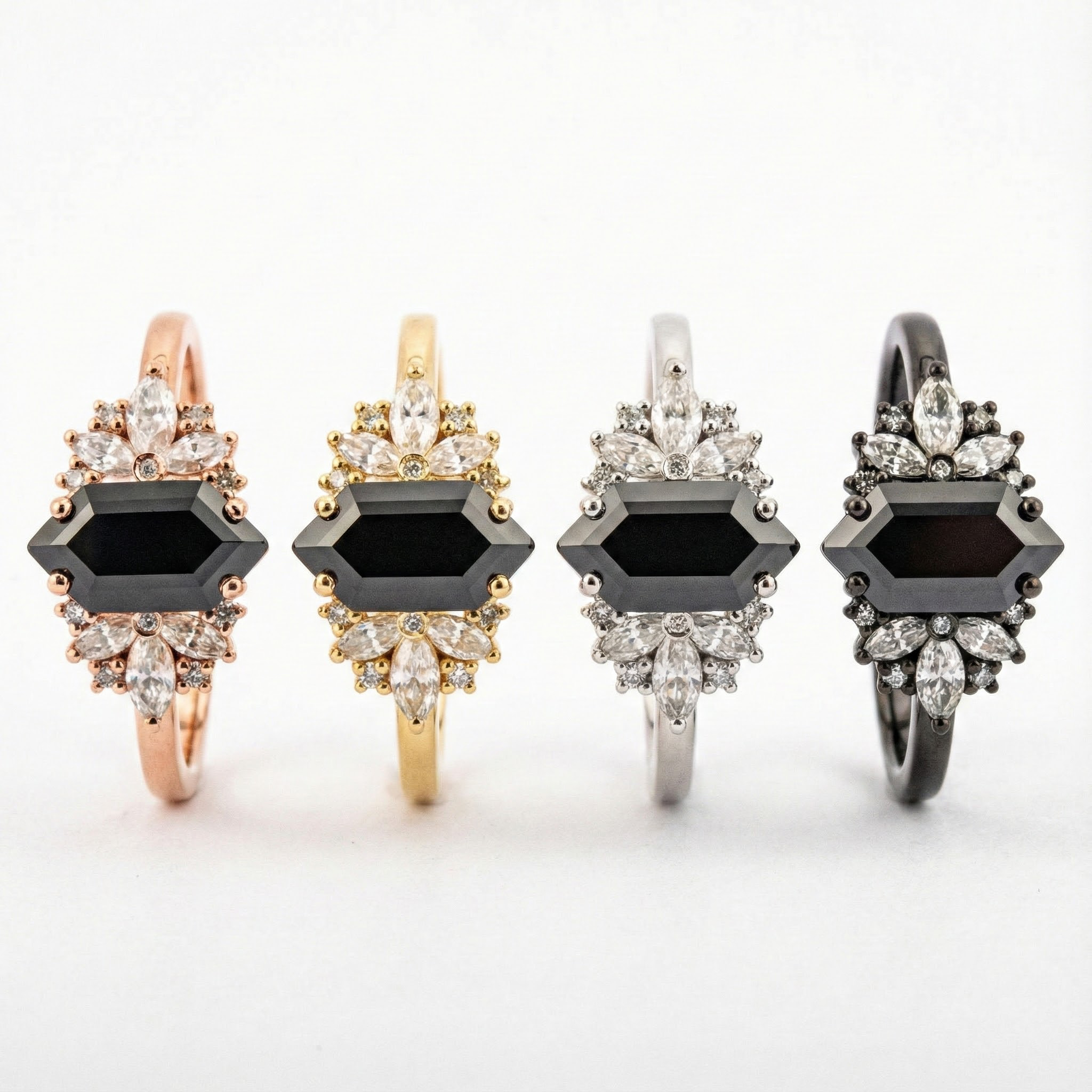 Long Hexagon Black Onyx Ring with Moissanite - Unique Engagement Ring