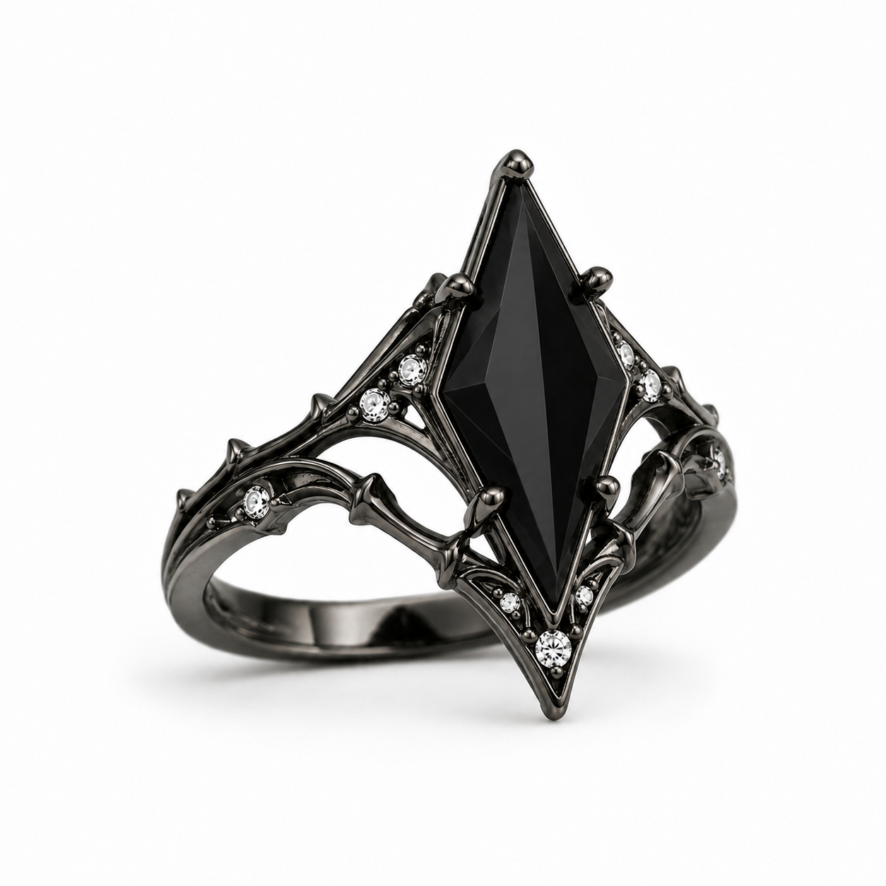 Kite Black Onyx Gothic Engagement Ring with Moissanite