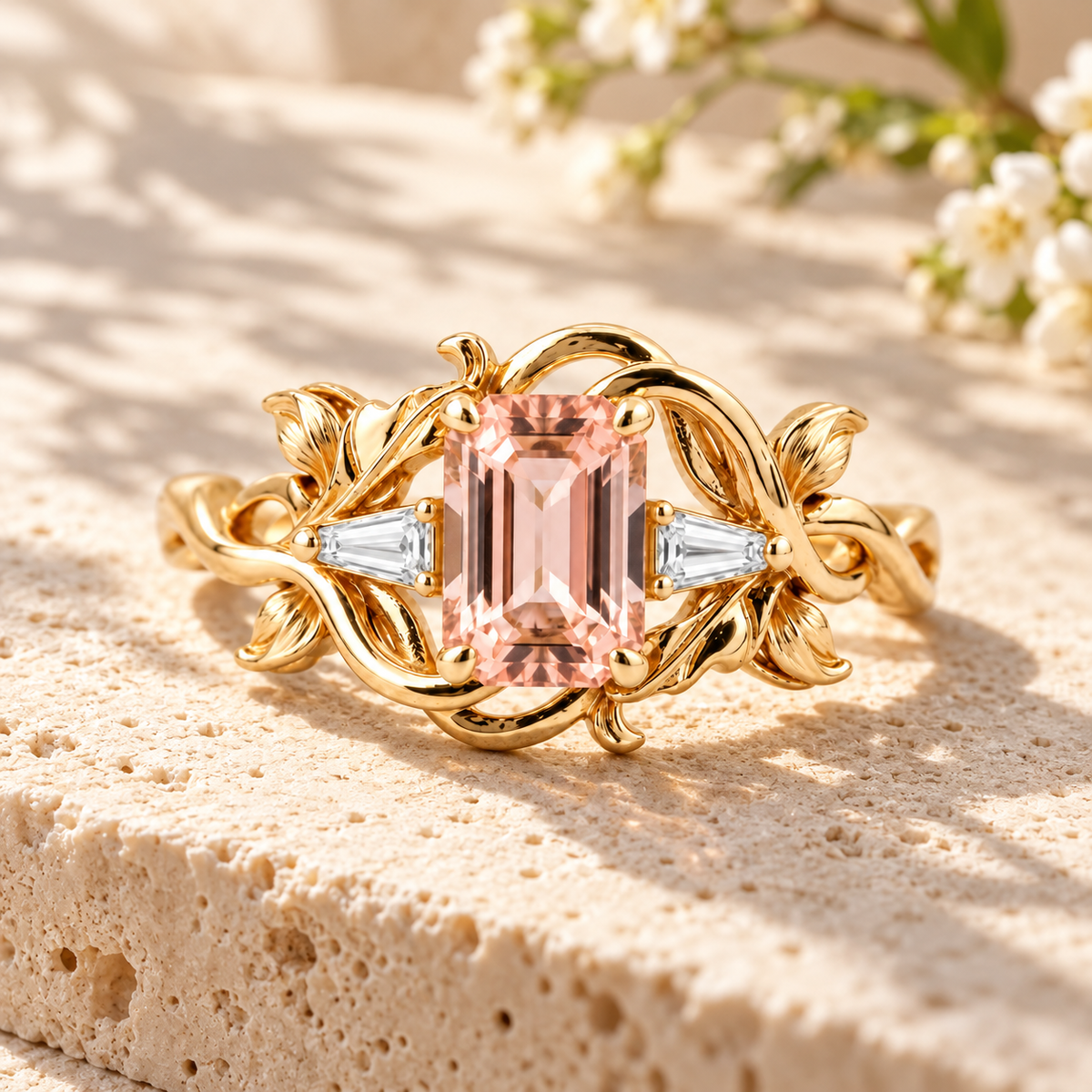 Peach-pink emerald-cut Padparadscha sapphire ring with tapered side accents