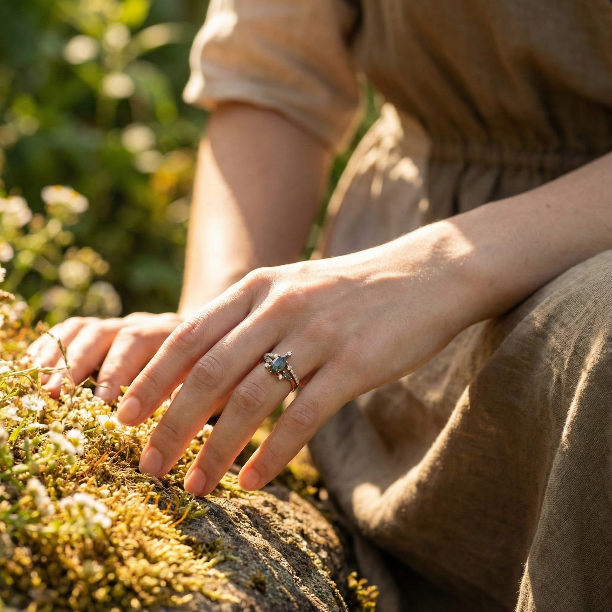 Marquise Moss Agate Ring - Stunning Nature-Inspired Design for Unique Anniversary Rings