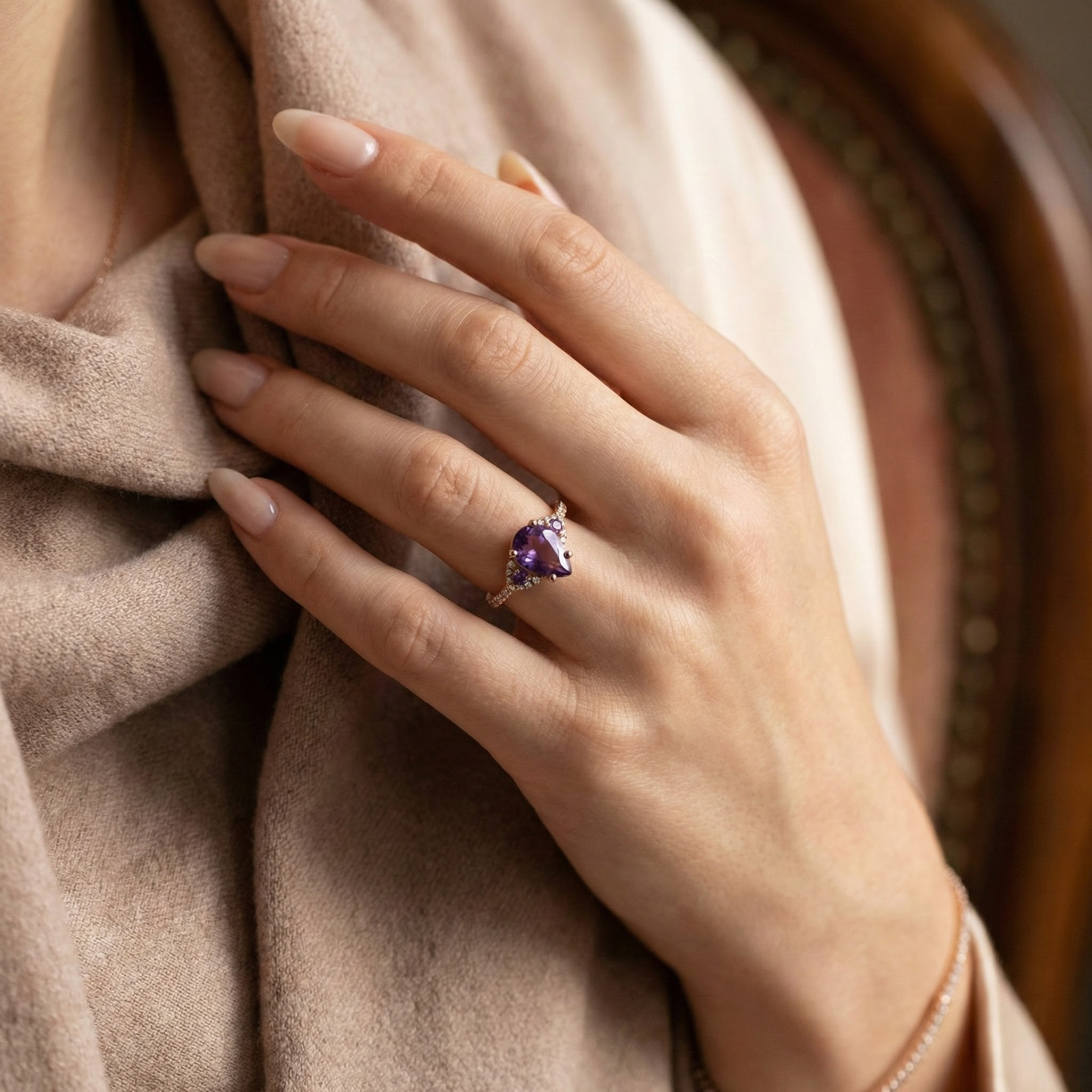 Vintage Pear Amethyst With Moissanite Engagement Ring.