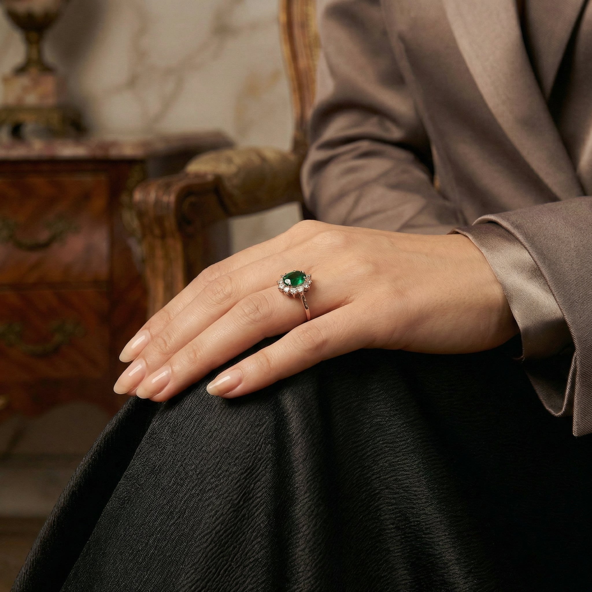 Vintage Oval Emerald Gold Engagement Ring With Moissanite.