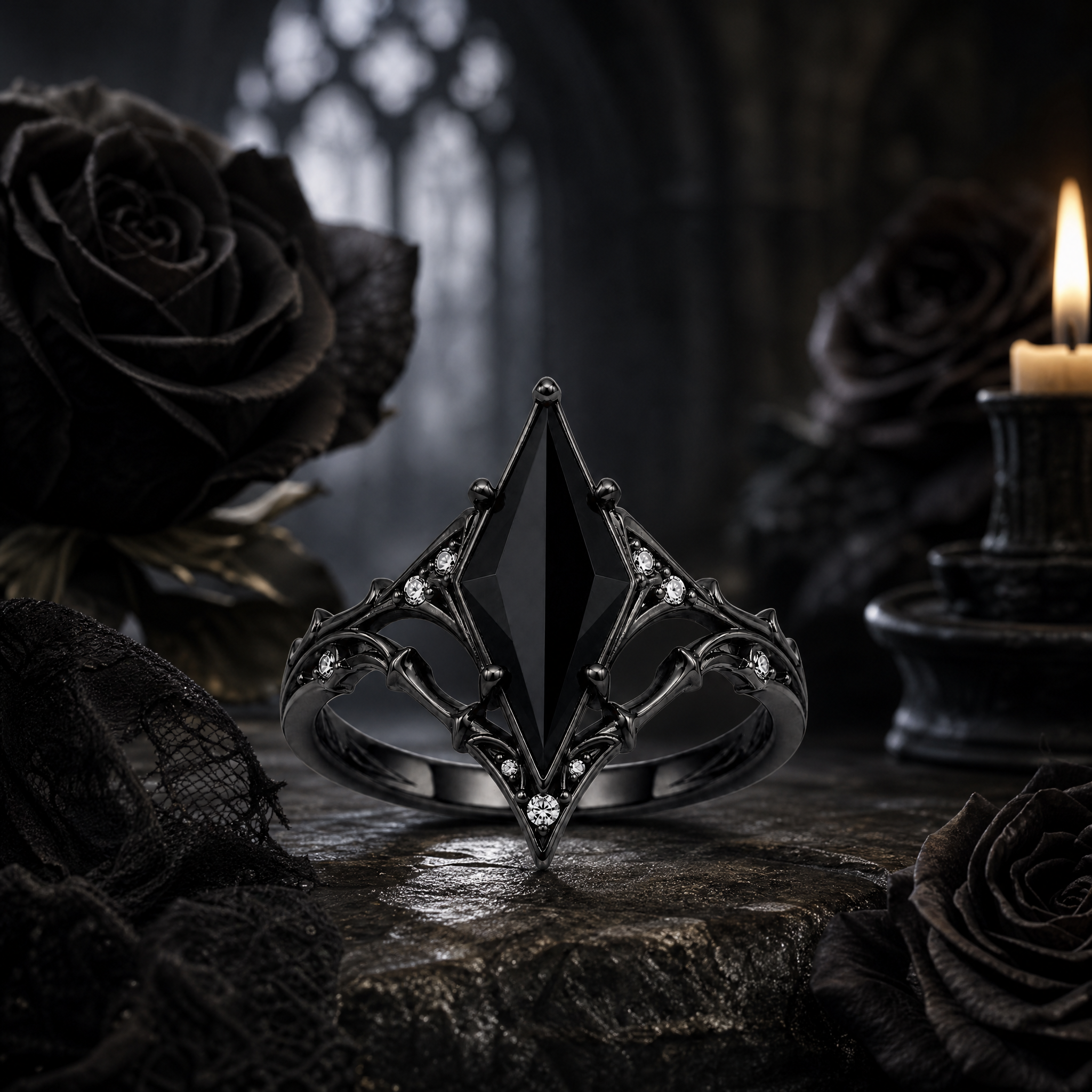 Kite Black Onyx Gothic Engagement Ring with Moissanite
