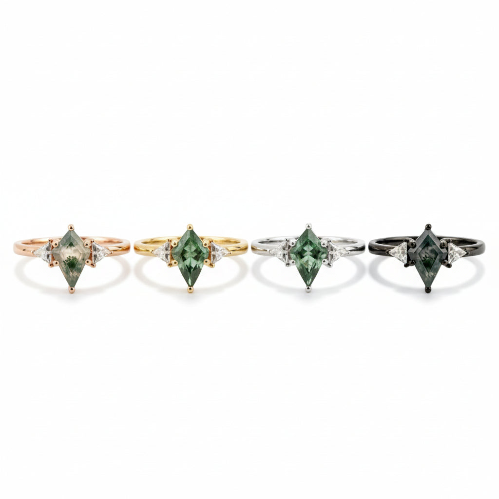 Lifestyle view of Kite Cut Moss Agate Engagement Ring in Gold