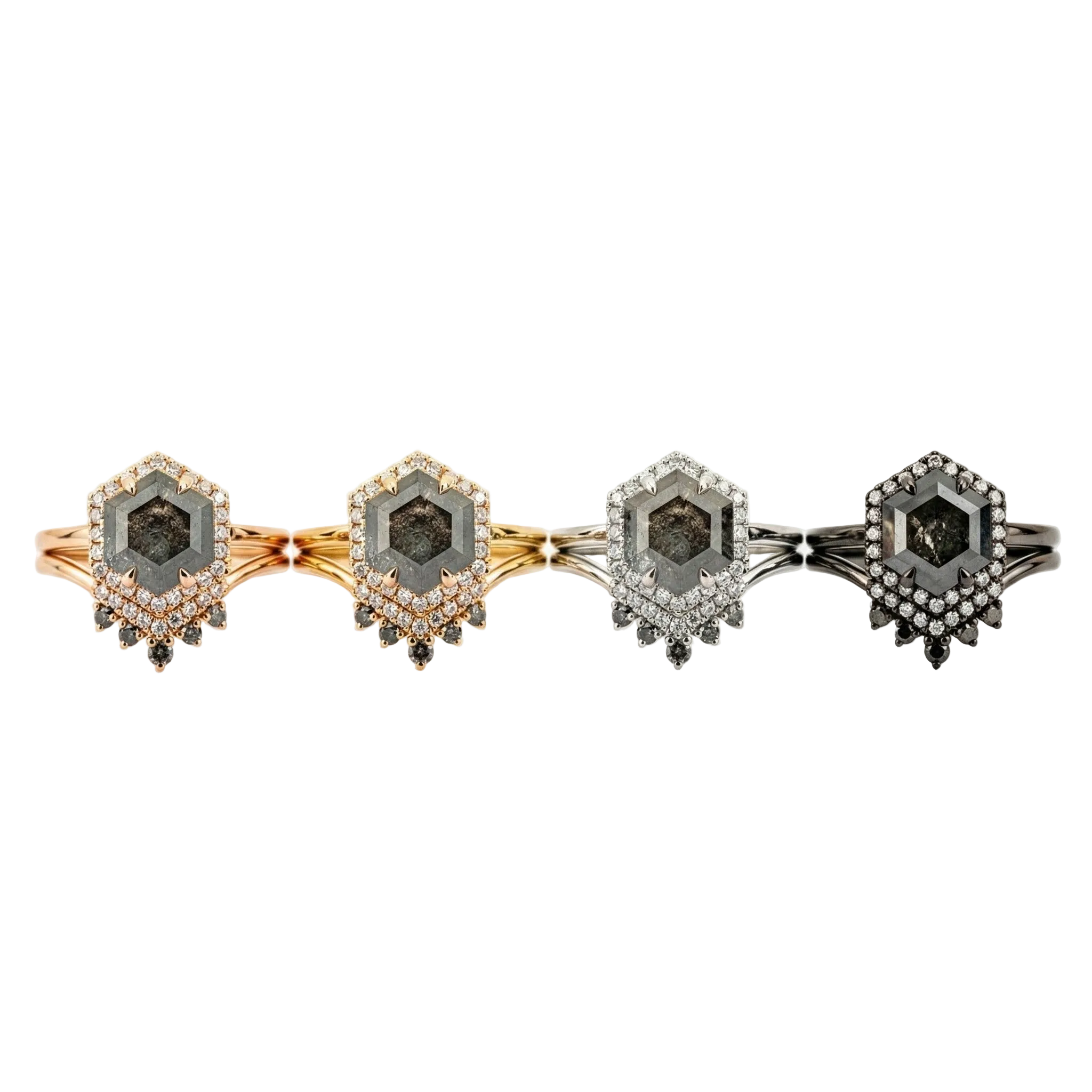 Lifestyle view of Hexagon Salt and Pepper Diamond Ring Set in Gold