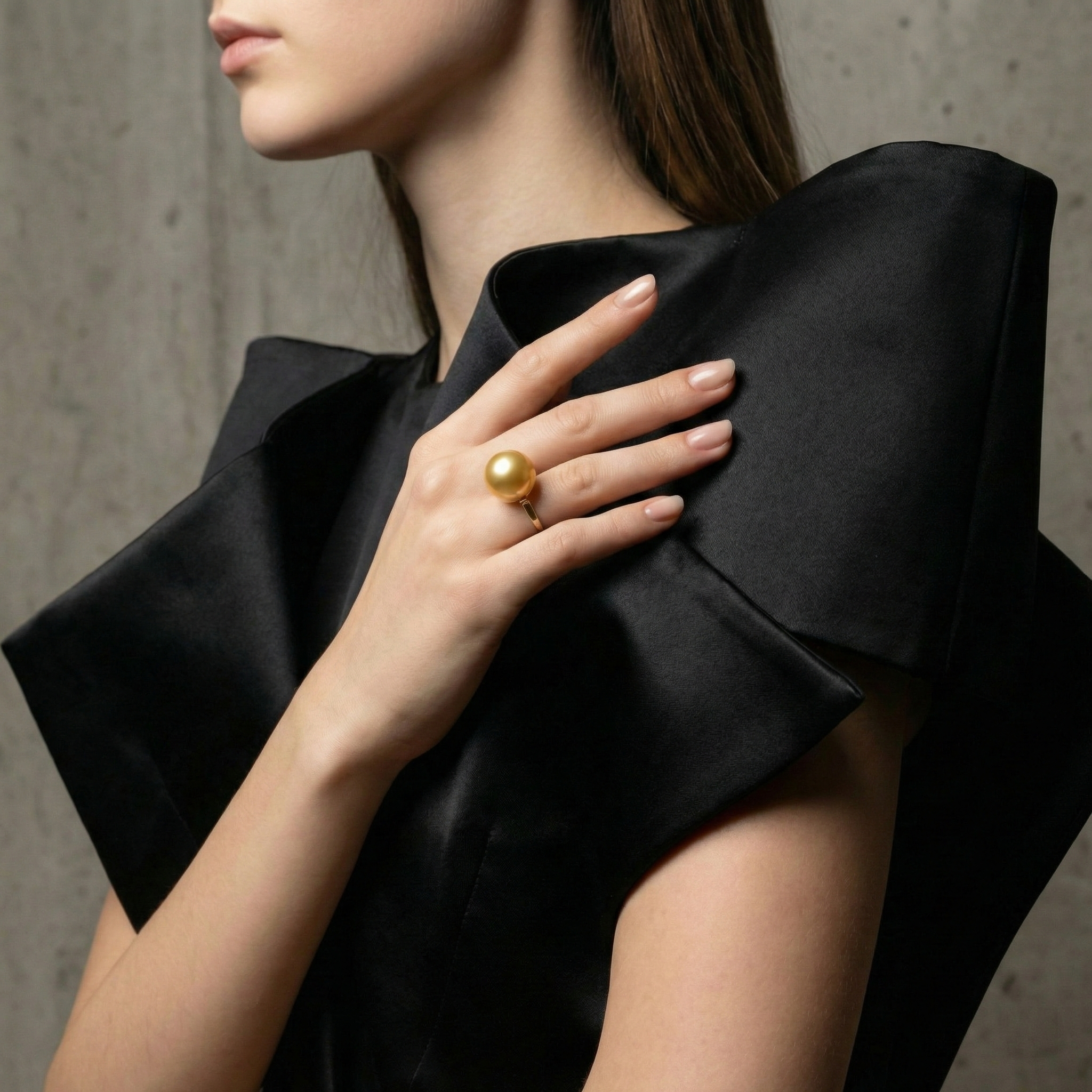 Detailed view of Pear Pearl Ring in Gold