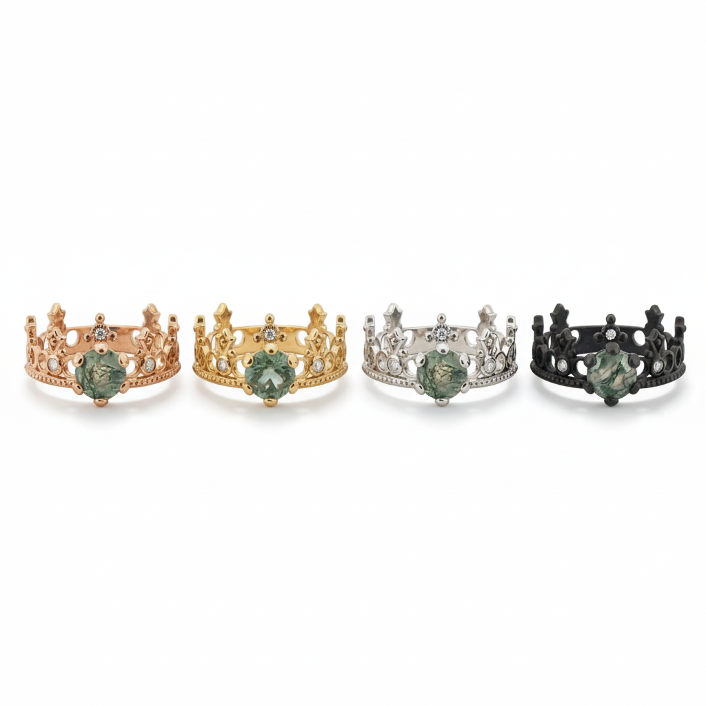 Lifestyle view of Round Moss Agate Ring in Rose Gold
