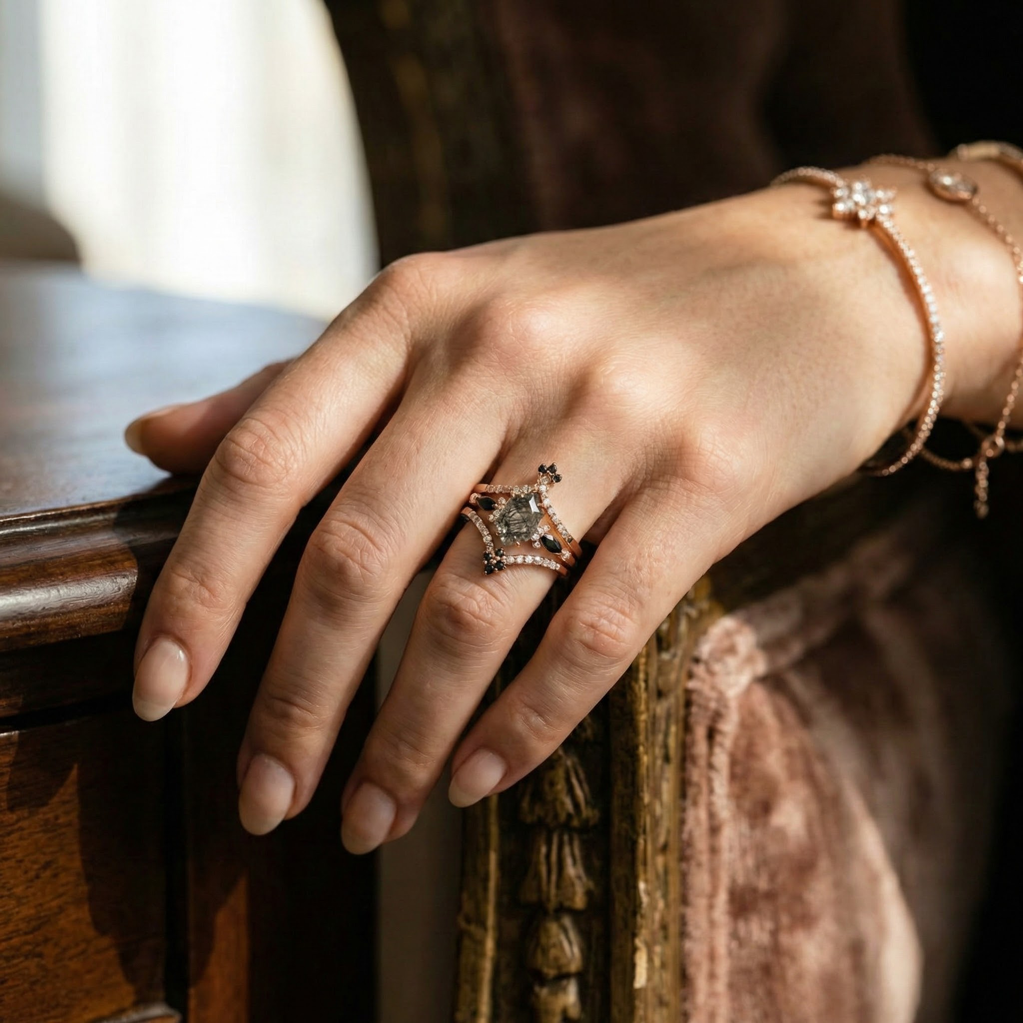 Stunning Tourmaline & Black Onyx Ring Set for Women - Hexagonal Design, Precious Gemstones