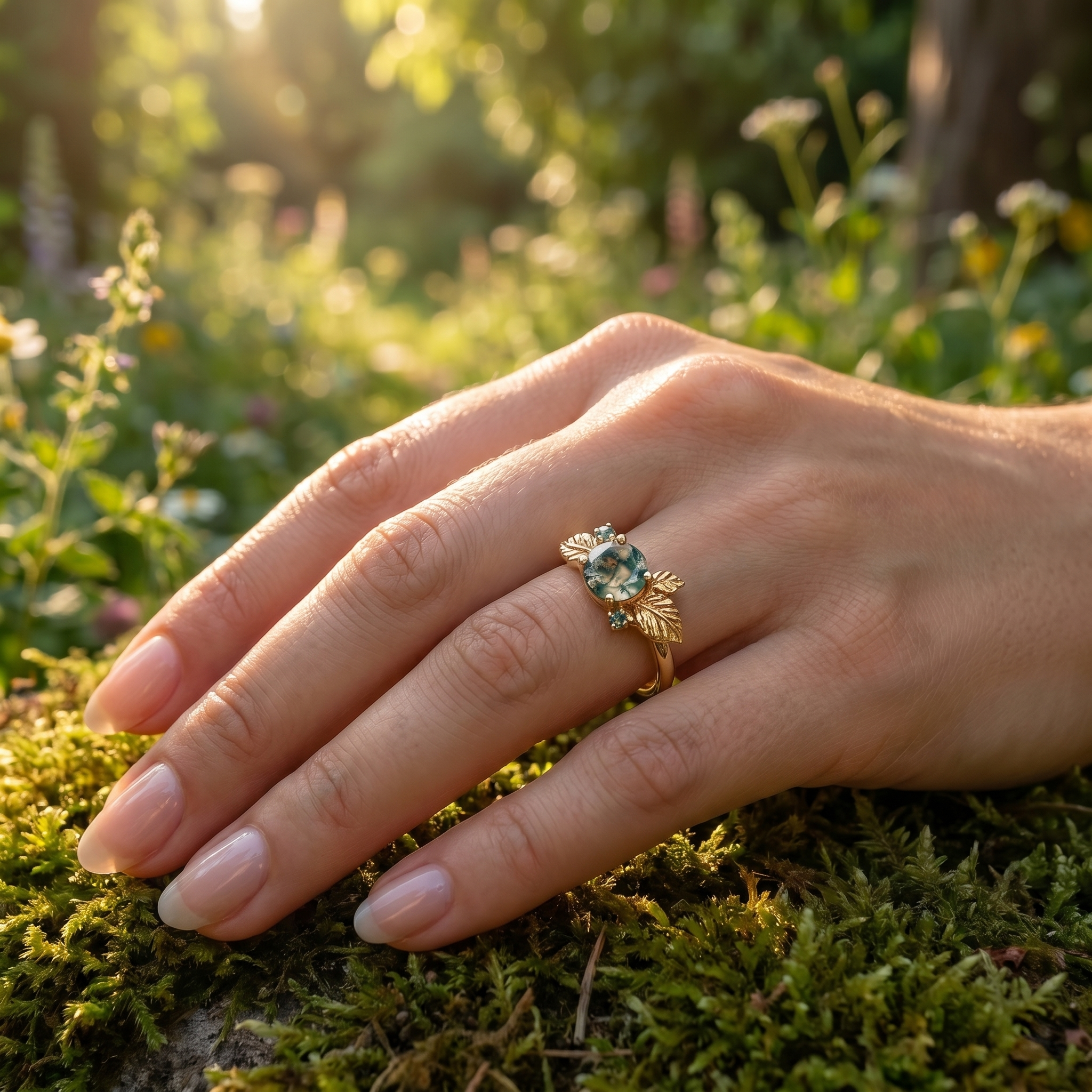 Detailed view of Round Moss Agate Ring in Gold