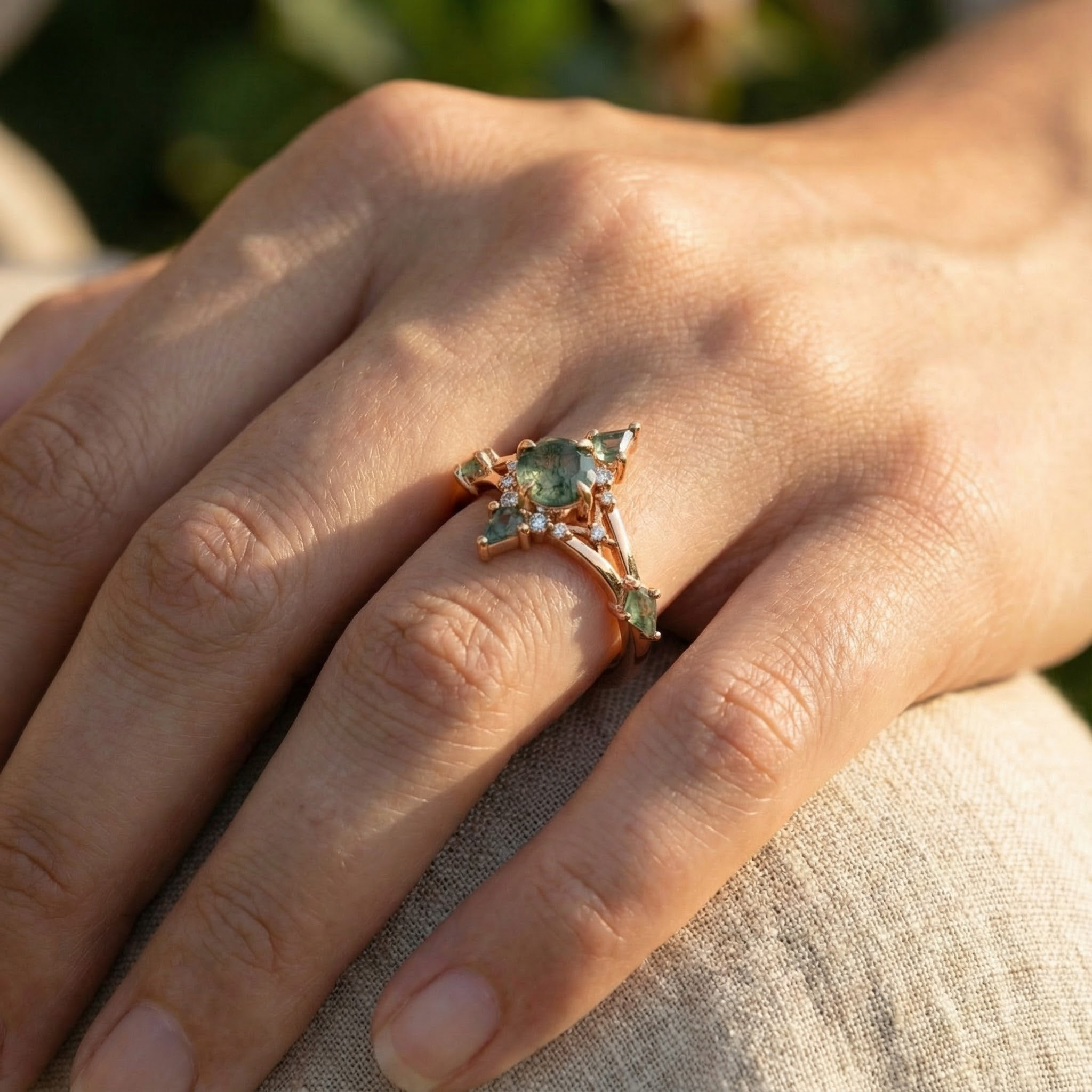 Stunning Unique Design Jewelry with Round Moss Agate Ring