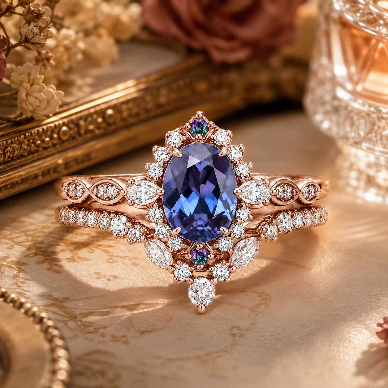Vintage alexandrite halo bridal ring set with floral details and rose gold band