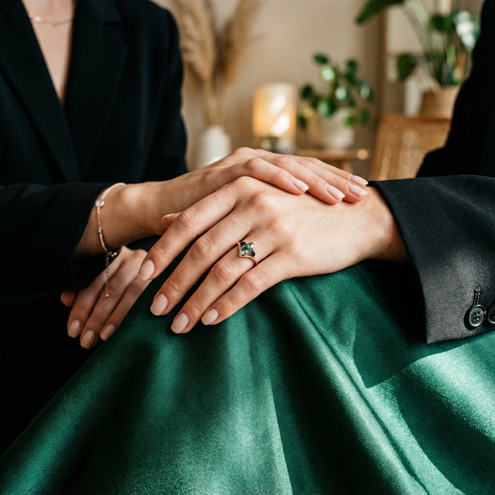 Unique Marquise Cut Moss Agate and Black Onyx Rose Gold Ring Unusual Ring