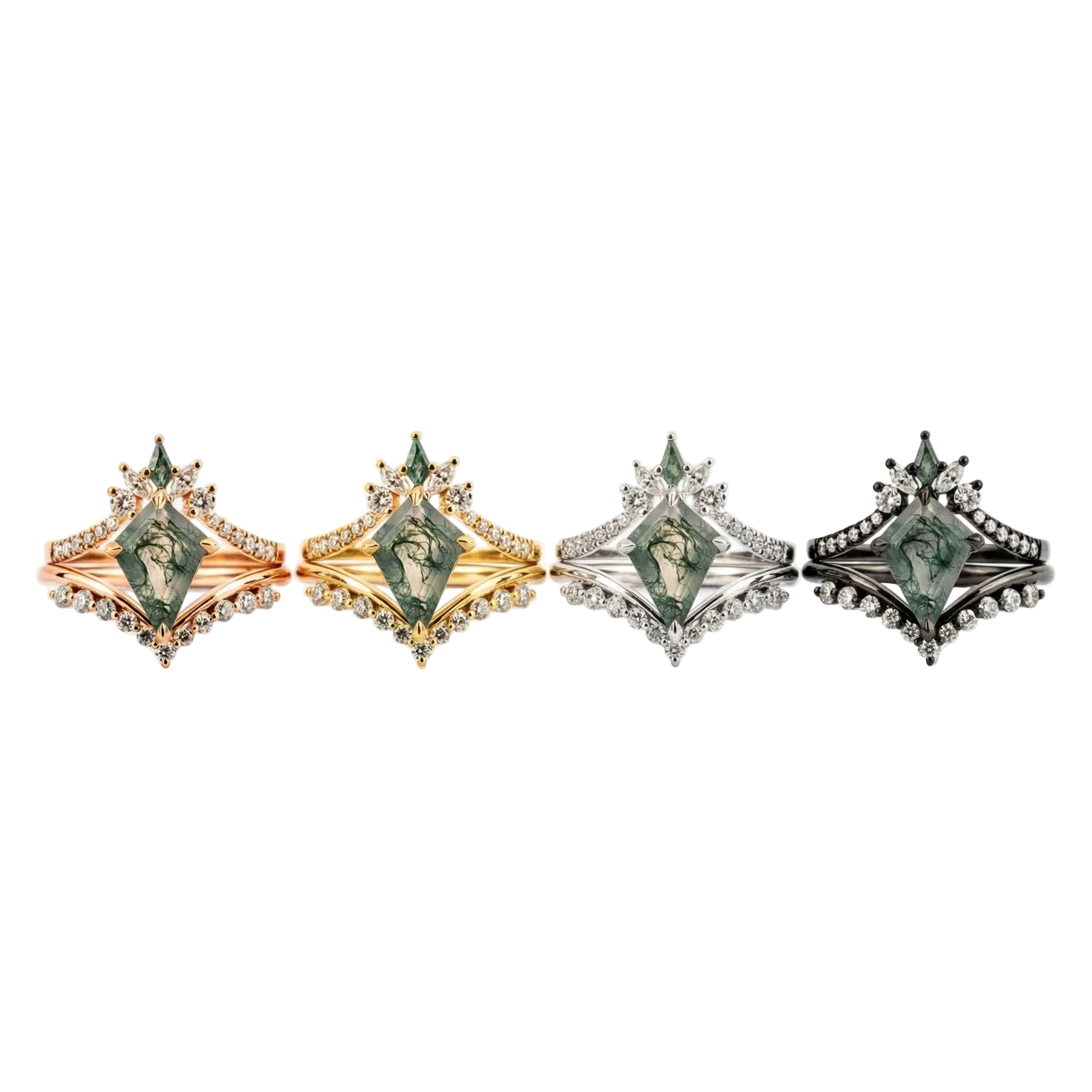 Lifestyle view of Kite Cut Moss Agate Ring Set in Gold