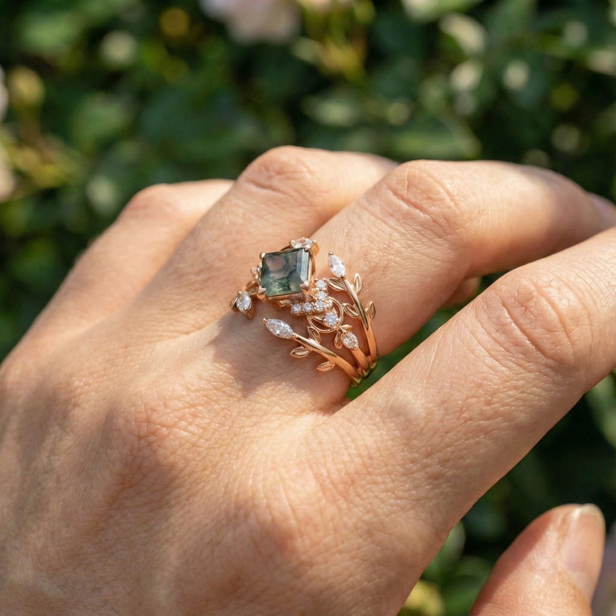 Exquisite princess moss agate ring with luxurious design