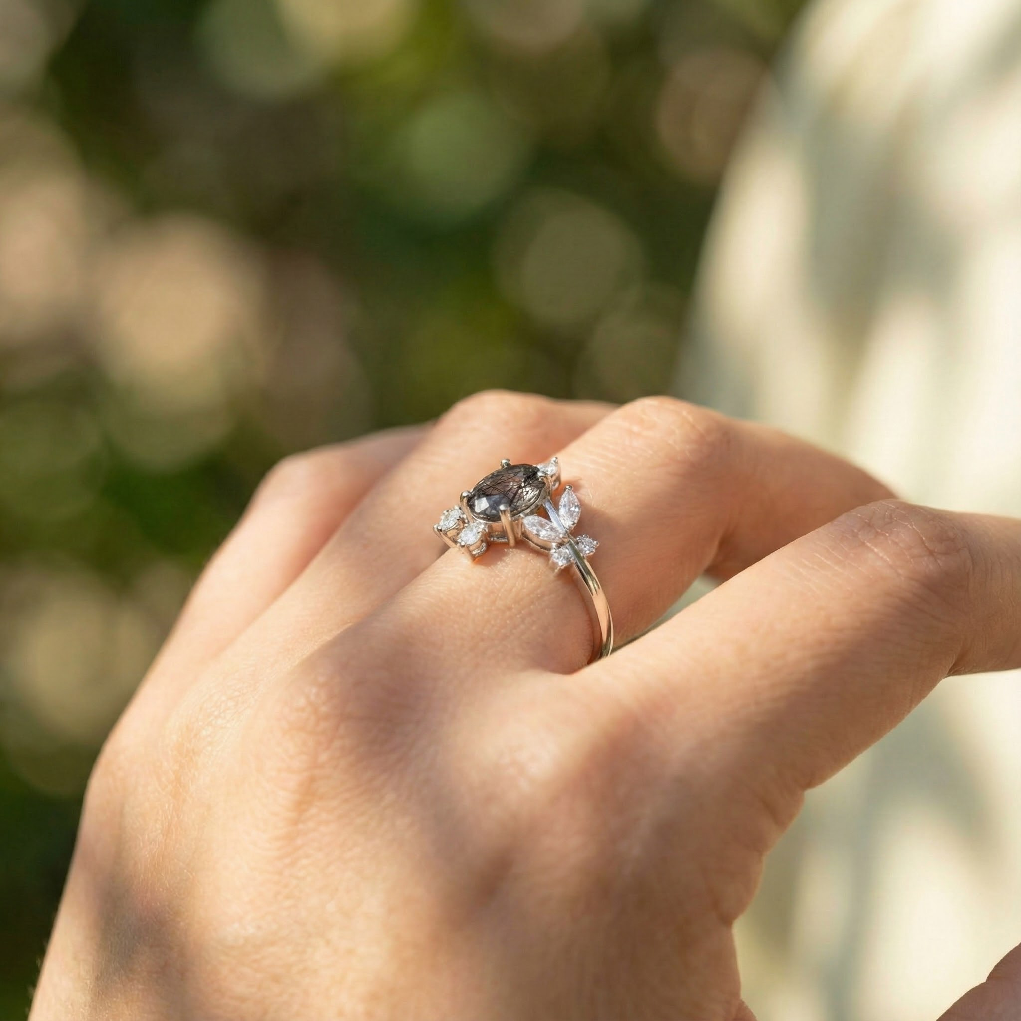 Oval tourmaline white gold leaf ring - elegant jewelry accessory