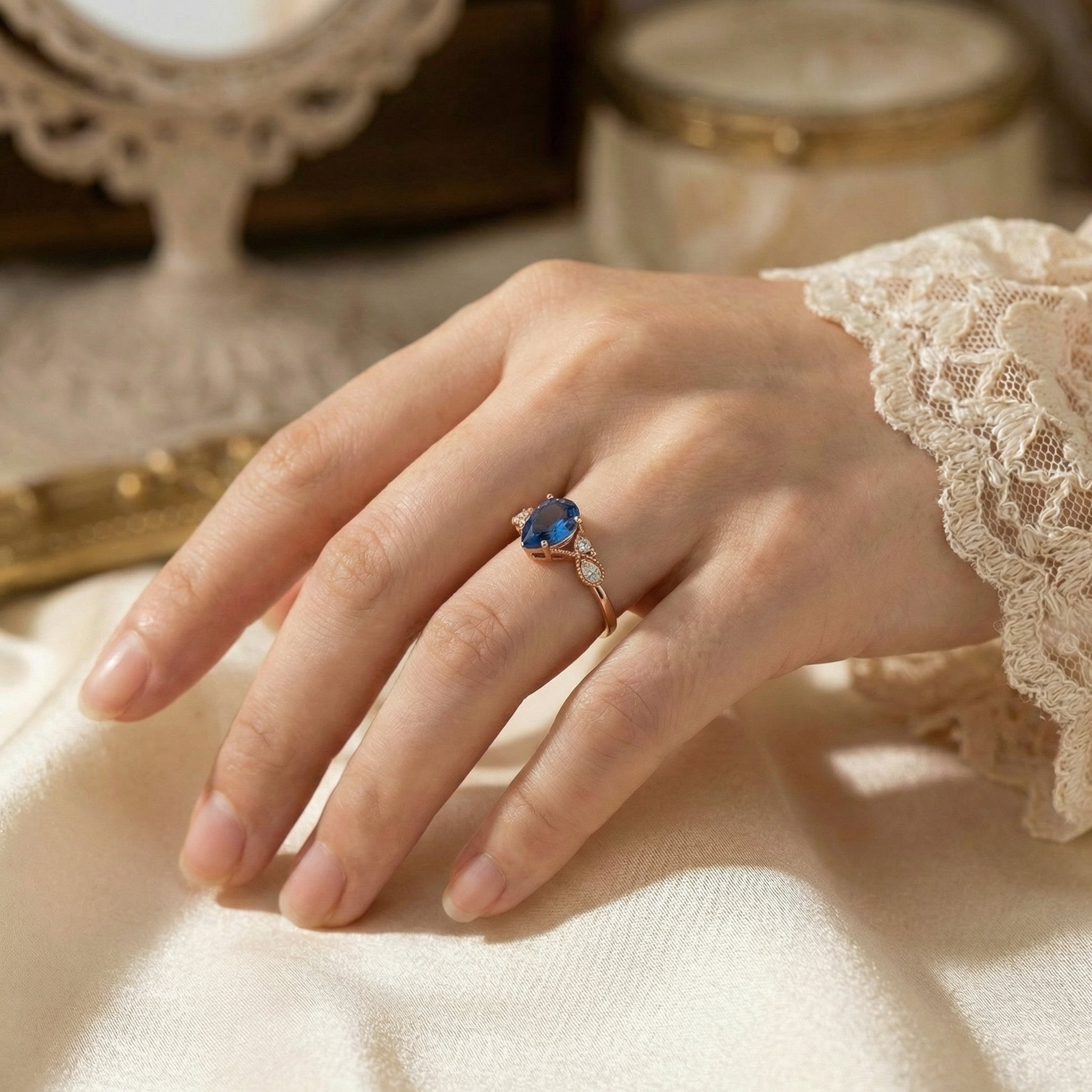 Pear Lab Sapphire Gold Ring With Moissnaite.