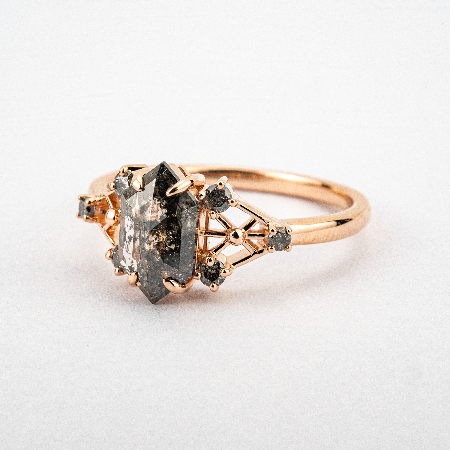 1 Carat Long Hexagonal Salt and Pepper Diamond Engagement Ring Personalized Engagement Rings