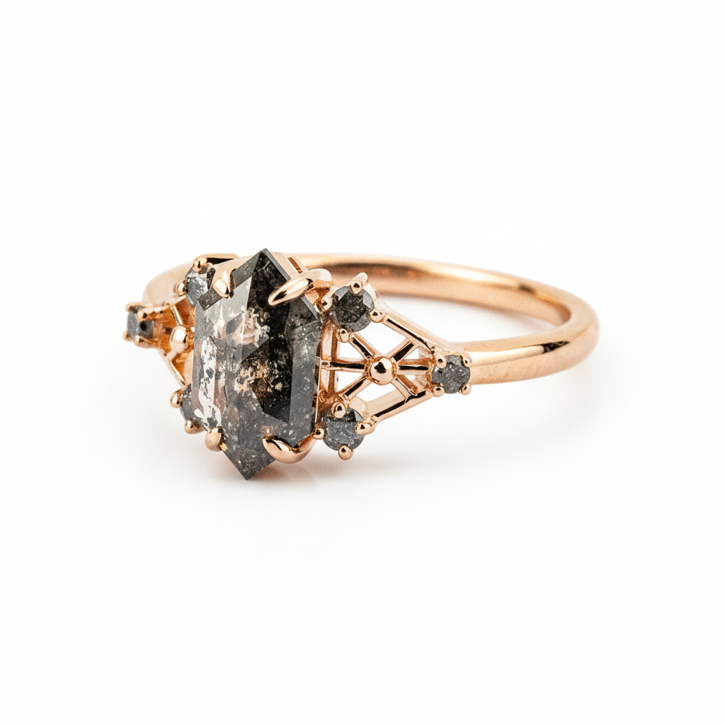 Product view of Long Hexagon Salt and Pepper Diamond Engagement Ring in Gold