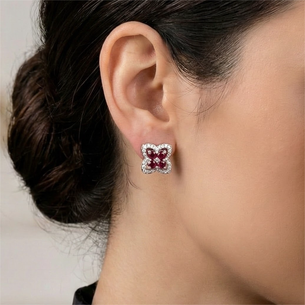 18k White Gold Natural Ruby Diamond Earrings Floarl Earrings