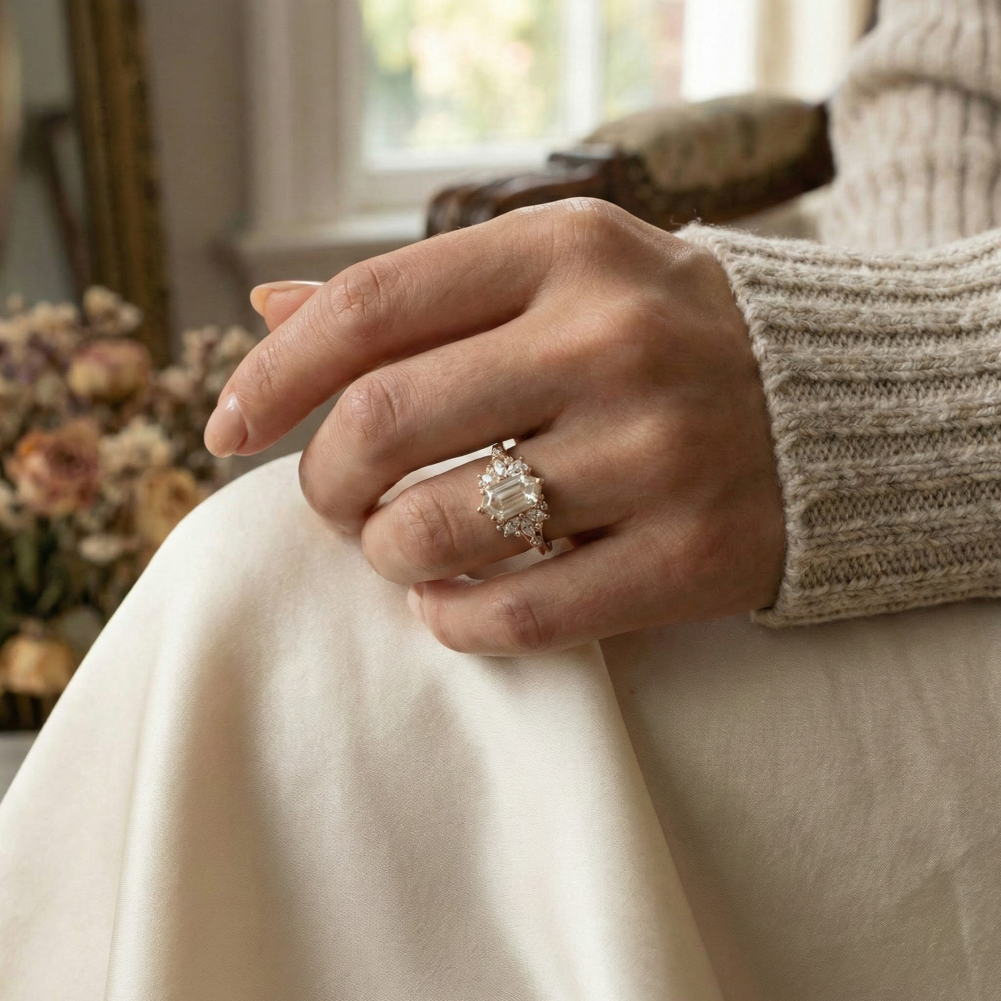 Angled view of Long Hexagon Moissanite Engagement Ring in Rose Gold