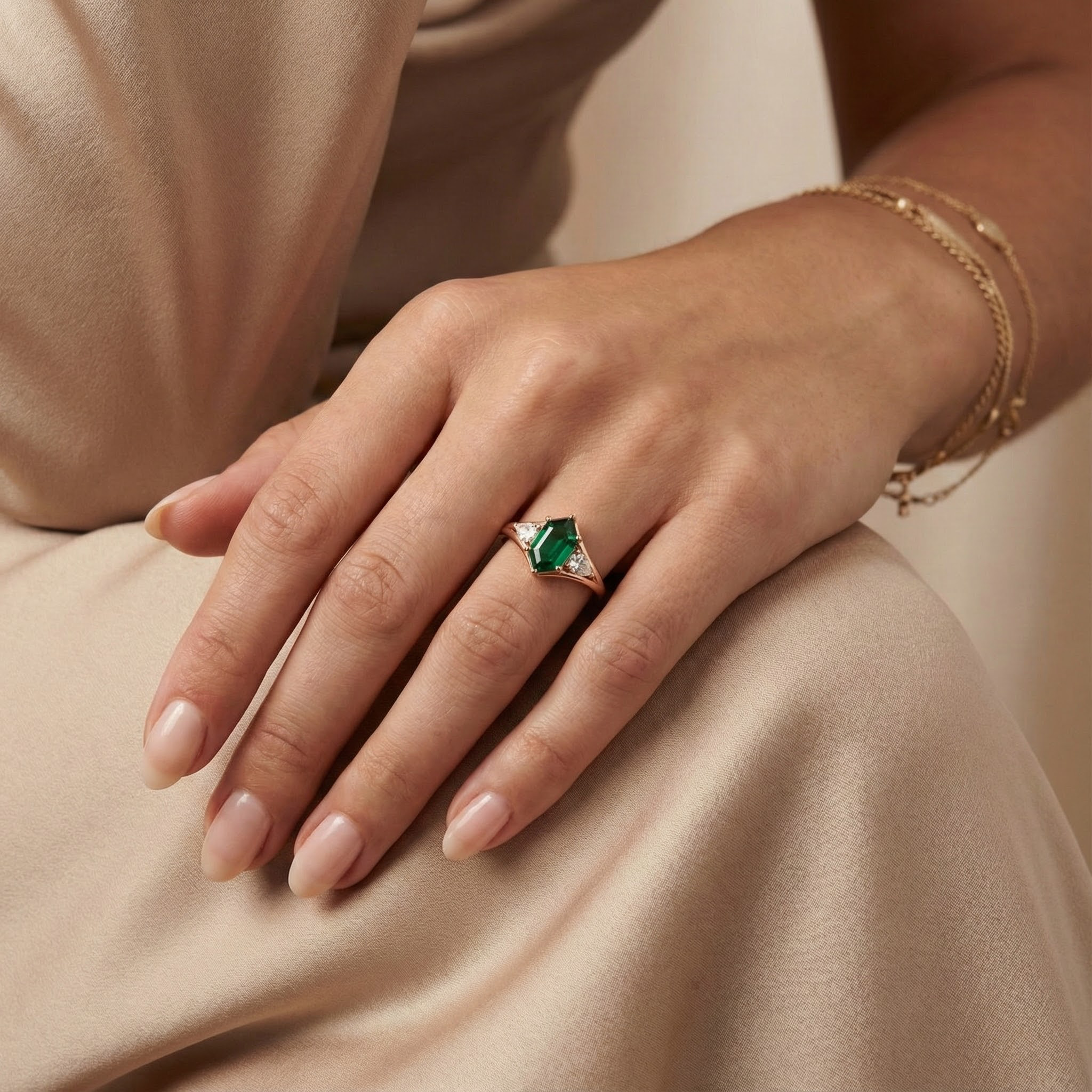 Long Hexagon Cultured Emerald Moissanite Engagement Ring Three Stone Ring