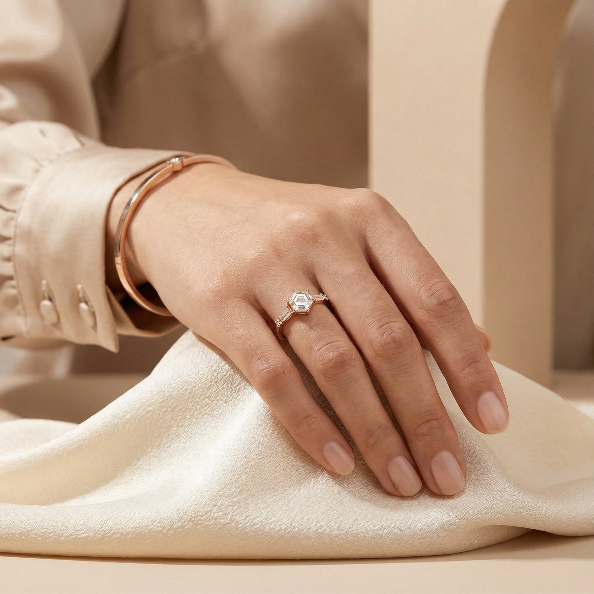 Angled view of Hexagon Moissanite Men's Ring in Gold