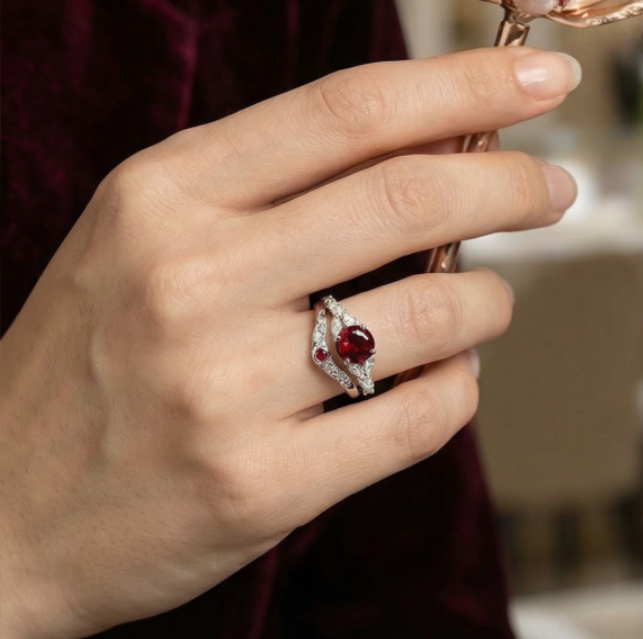LUMINA - Round Garnet White Gold Ring Set White Gold Wedding Ring For Her Patterned Ring