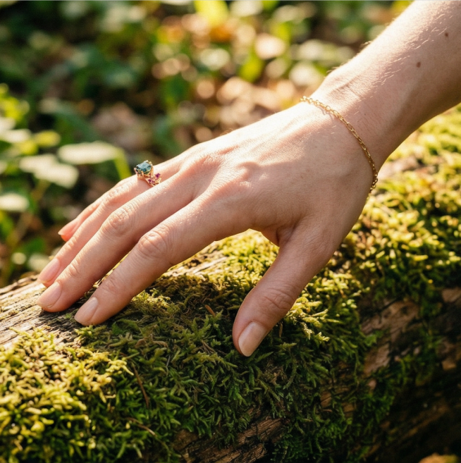 Botanical Elegance - Hexagonal Moss Agate and Garnet Leaf Ring